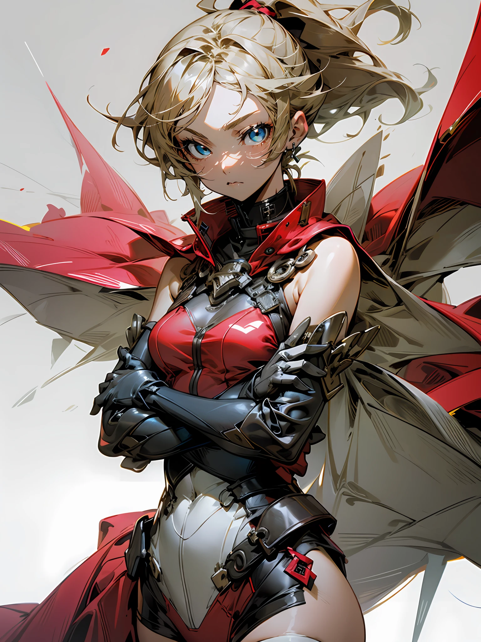 Blonde hair, Blue eyes, companion, Bare shoulders, Red panties, upper legs, Detached sleeves, grey thighhighs, The whole body is intact, An anime girl, Breasts, Solo, Brown hair, Blue eyes, view the viewer, Collar, Long ponytail, Crossed arms, arms under breasts, Short hair ,side locks, 1girll, Breasts, Bare shoulders, Long hair, Sleeveless, Upper body, White background, Bare arms, red colour, One of them wore a red shirt and white gloves,Woman with arms crossed, 1girll, Solo, Blue eyes, view the viewer, Earrings, jewelry, Blonde hair, White background, Breasts, Simple background, Crossed arms