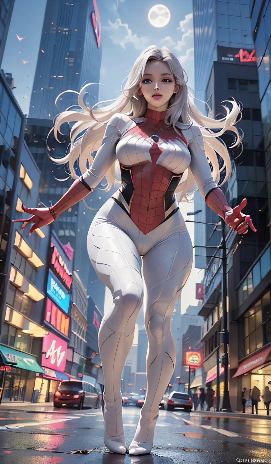 (Masterpiece, 4k resolution, ultra-realistic, very detailed), (White superhero theme, charismatic, there's a girl on top of town, wearing Spider-Man costume, she's a superhero), [ ((25 years), (long white hair:1.2), full body, (blue eyes:1.2), ((Spider-Man pose),show of strength, jumping from one building to another), ((sandy urban environment):0.8)| (cityscape, at night, dynamic lights), (full moon))] # Explanation: The Prompt mainly describes a 4K painting of ultra-high definition, very realistic, very detailed. It shows a superheroine at the top of the city, wearing a Spider-Man costume. The theme in the painting is a white superhero theme, the female protagonist has long white hair, is 25 years old and her entire body is shown in the painting. In terms of portraying the actions of superheroines, spiders are employed