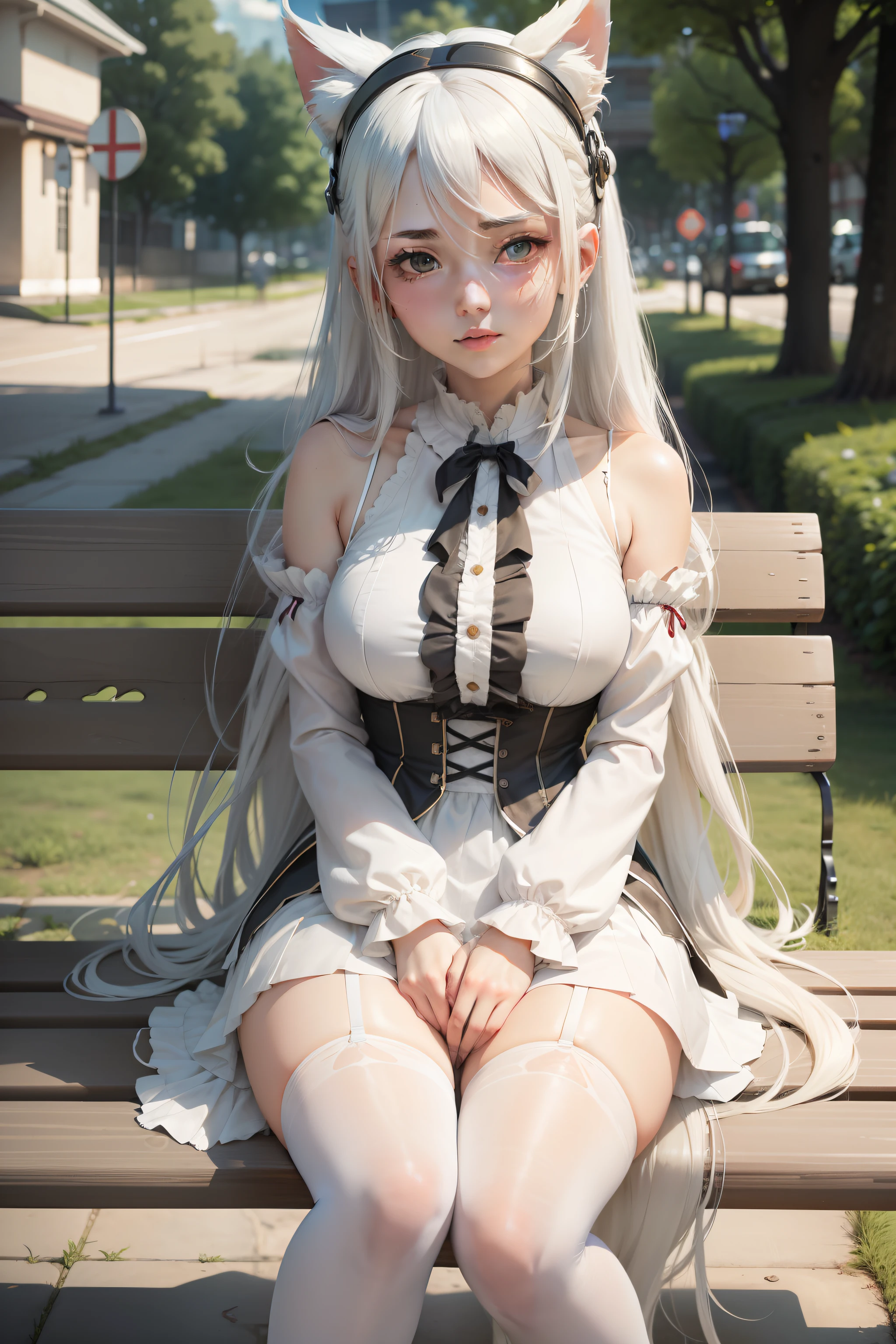 Anime girl sitting on bench,Wearing cat ears on his head,seductive anime girls,white-haired god,anime goddess,Cute anime gaifu in beautiful clothes,Girl with white hair,perfect white hair girl,Detailed long white hair,long hair anime girl,Beautiful anime girls,Blonde anime girl with long hair,Anime Barbie with white stockings,Clothes are shabby,Sweat all over the body,perspire,Incontinence,