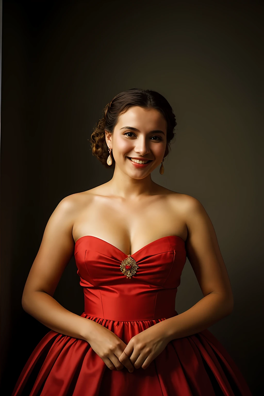 guttonervision8, Uma fotografia colorida de uma mulher idosa com um sorriso feliz, vestindo um vestido social. Her pose is very erect and posture of a lady. It is a promotional portrait in the style of Taras Shevchenko, inspirado em Yousuf Karsh, An epic and elegant representation, taking inspiration from Wladyslaw Strzeminski and Paweł Kluza.