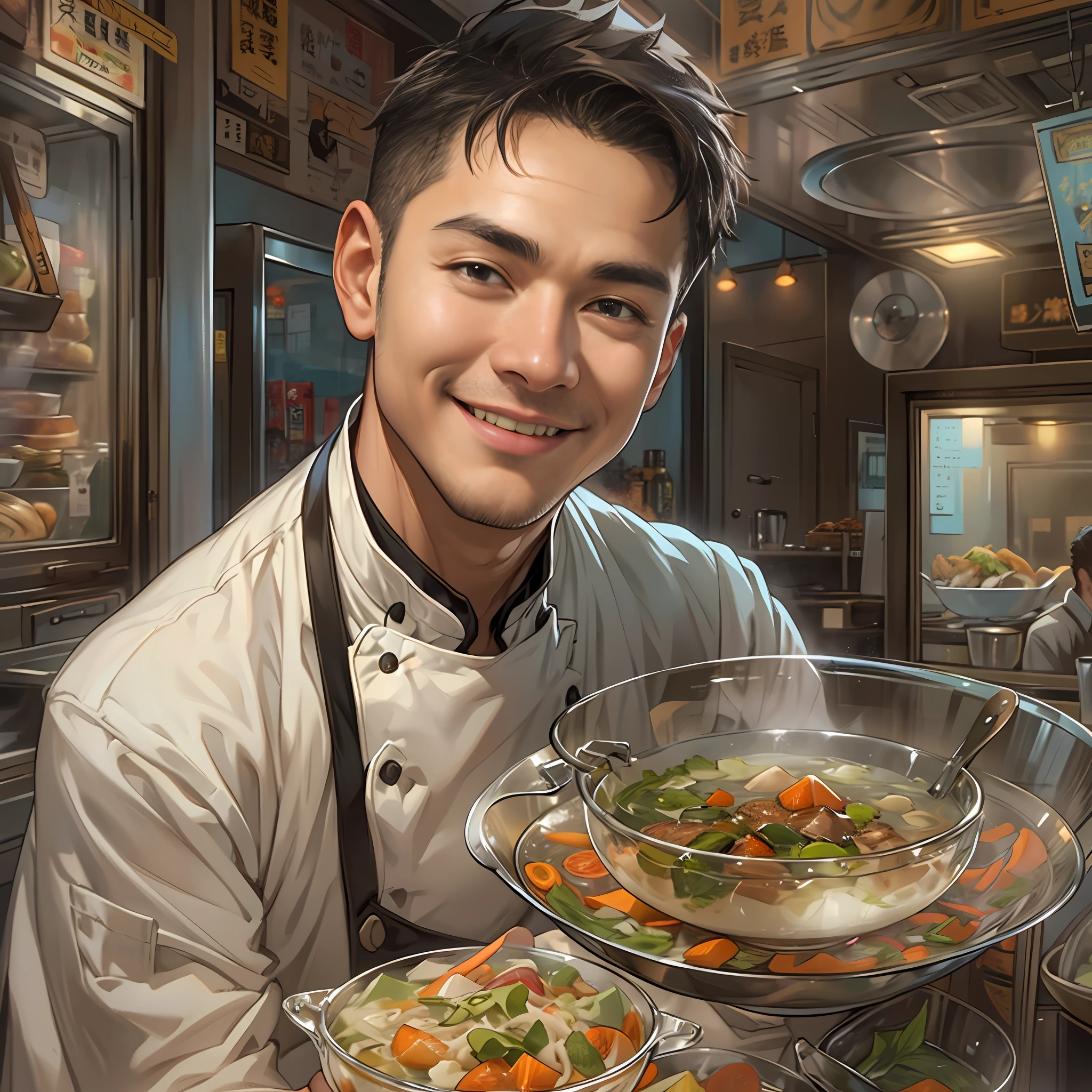 A young handsome male chef stands next to a snack cart，With a smile on his face，Holding a bowl of clear soup in his hand，Detailed close-up of faces，in the style of the stars art group xing xing, 32K, Best quality, Masterpiece, Super detail, High details