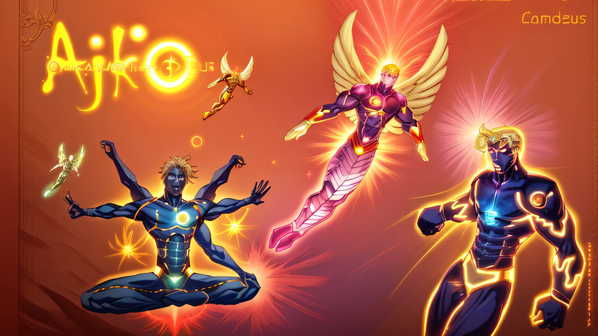 There are three different images of men with different poses, A man with 6 arms and blonde hair and pink eyes, sem roupa e musculoso sarado, some cosmic angels, energetic beings patrolling, inspirado em Hiromu Arakawa, arte de fundo, Energy Dynamic Pose, poder auras, Potencializando a Aura, an epic anime of a energy man, energia do toro, seres solares, Transhumanist Dance, inspired by Mœbius, 8k, ultra realista
