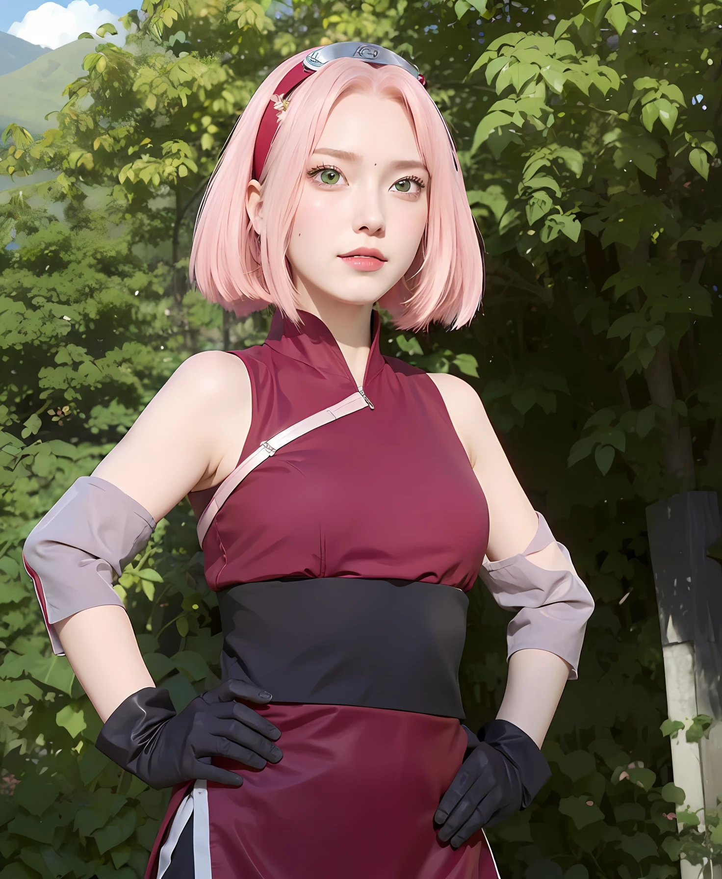 1girl, (8k, RAW photo, best quality, masterpiece:1.2), (ultra highres:1.0),detailed illustration, (real person,fashion photography portrait,photograph), detailed, detailed beautiful skin, (realistic, photo-realistic:1.37), SakuraNS, solo, professional lighting, pink dress with flower), village, east asian architecture, trees, village hidden in the leaves background,looking_at_viewer, smile, forehead flower,red_hairband,pink hair,green eyes,mitain,toeless footwear,kunai,facial mark,konohagakure symbol,fighting_stance,fence,ninja,adjusting gloves,sleeveless,cleavage
