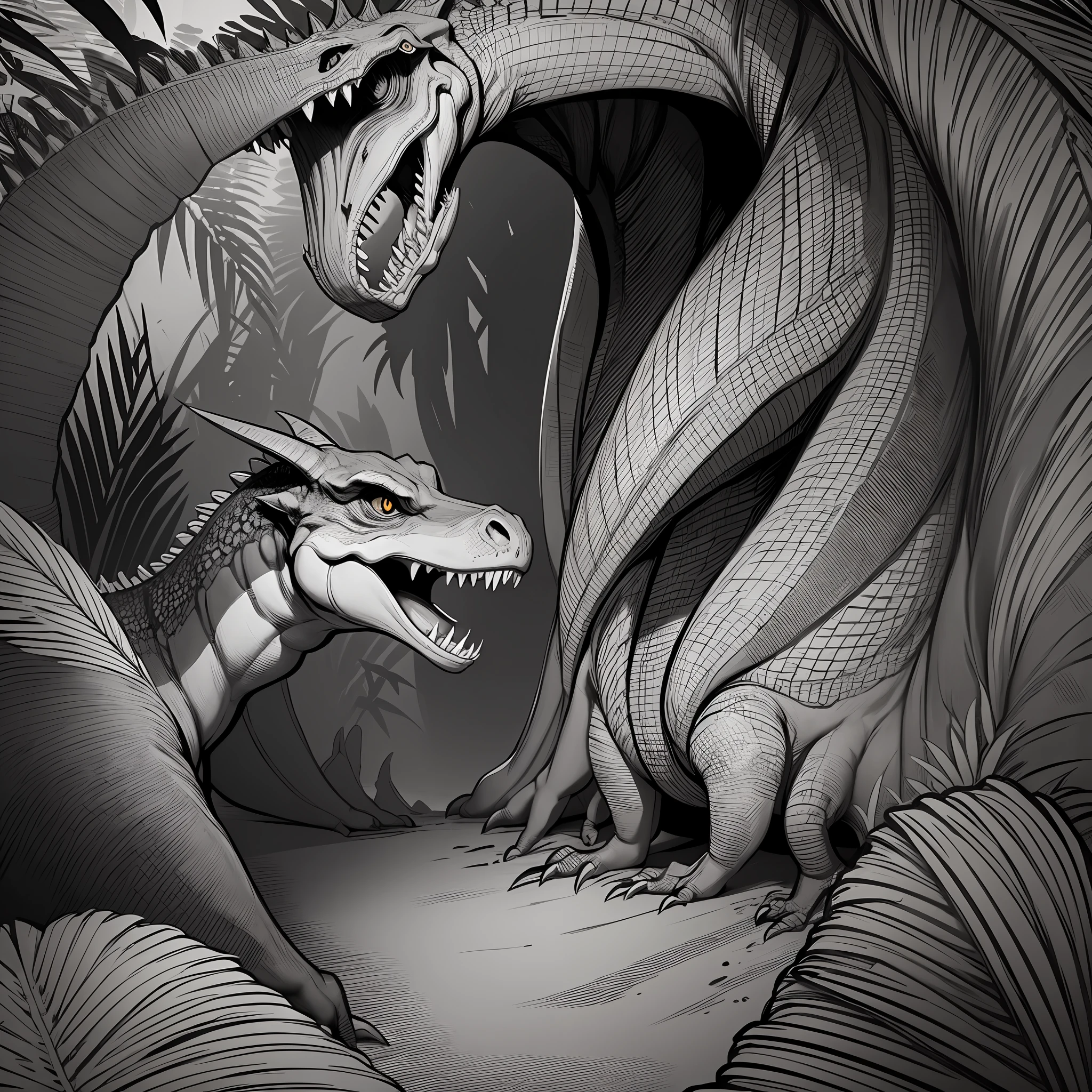 dinosaur, cartoon, kids, medium lines, no colors, jungle, no shadow, only lines, for kids, for coloring, dinosaur, in jungle, cartoon --auto --s2