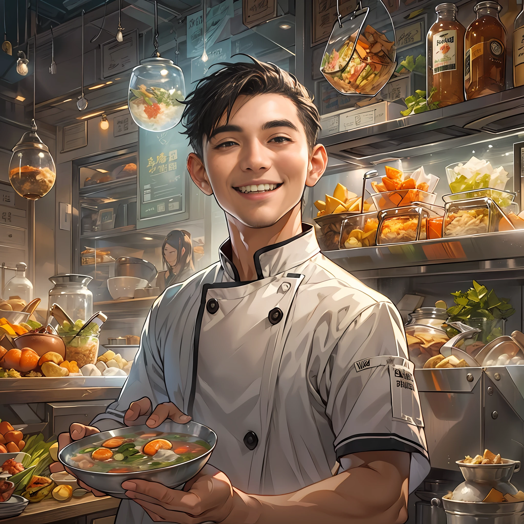 A young handsome male chef stands next to a snack cart,With a smile on his face,Holding a bowl of clear soup in his hand,Detailed close-up of faces,in the style of the stars art group xing xing, 32K, Best quality, Masterpiece, Super detail, High details