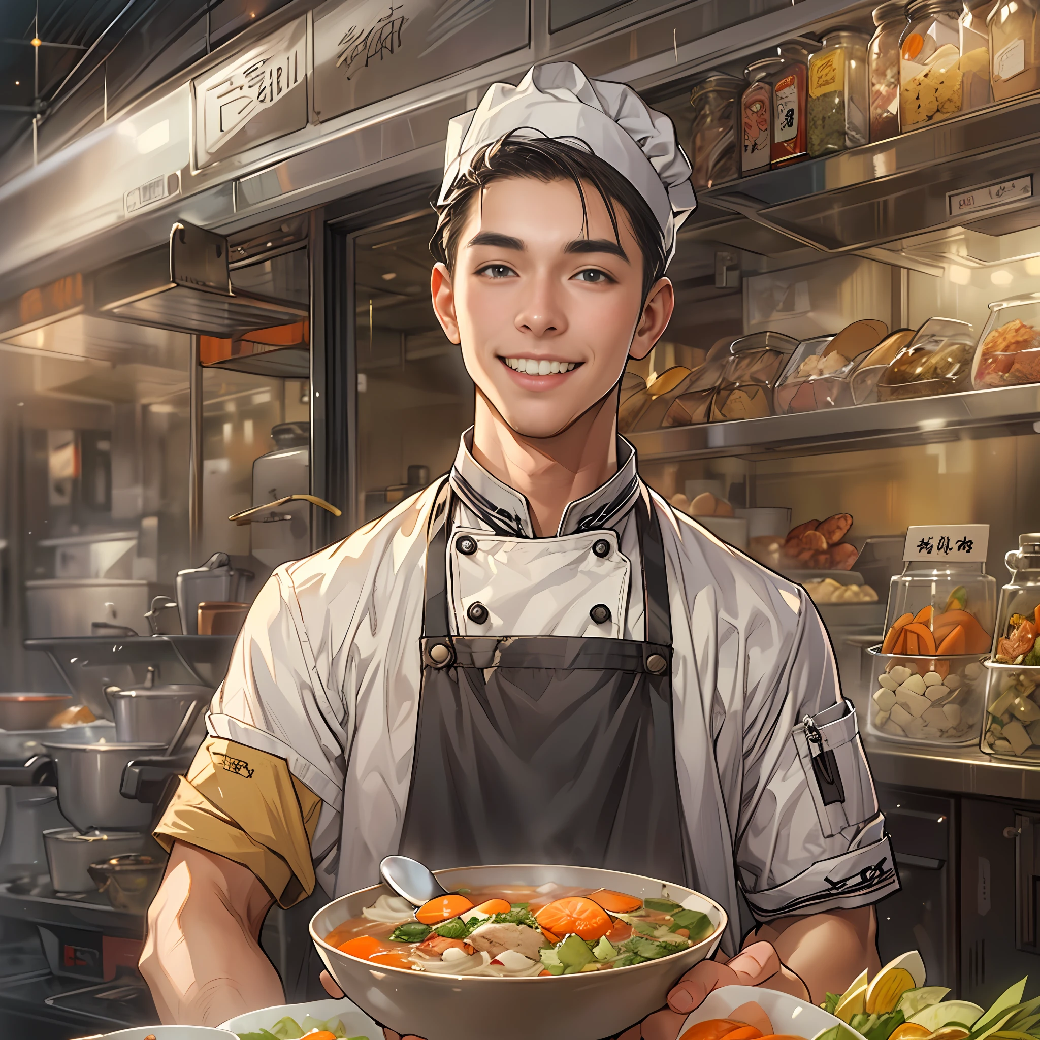 A young handsome male chef stands next to a snack cart,With a smile on his face,Holding a bowl of clear soup in his hand,Detailed close-up of faces,in the style of the stars art group xing xing, 32K, Best quality, Masterpiece, Super detail, High details
