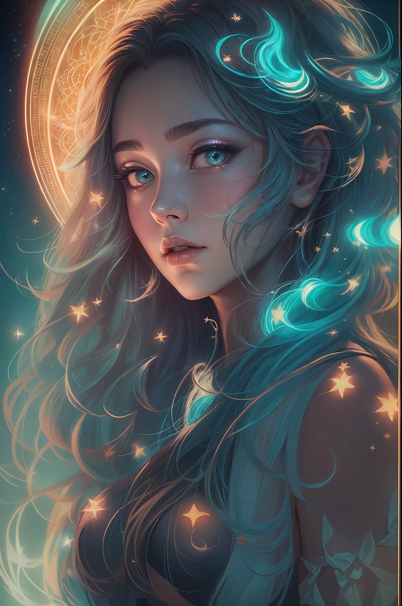 ((best quality)), ((masterpiece)), ((realistic)), portrait, 1girl, celestial, deity, goddess, light particles, halo, looking at viewer, (bioluminescent:0.95) flame, bioluminescence, phoenix, Vibrant, Colorful, Color, (Glow, Glow), (Beautiful Composition), Cinematic Lights, Intricate, (Symmetry: 0.5), Whimsical, Alien Planet