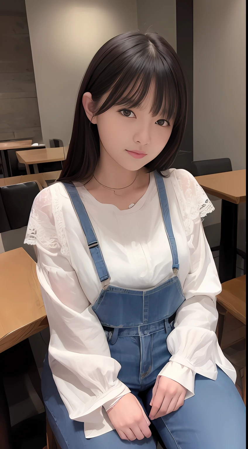 ((mid night、top-quality、8K、masterpiece:1.3)), full body Esbian, long legged, foco nítido:1.2, Beautiful woman with perfect body shape:1.4, Slender Abs:1.1, (Jean Bib, is standing:1.2), ((Night City View、)), Highly detailed facial and skin texture, A detailed eye, 二重まぶた、Plain clothe、resturant、30-years old、Lace tops and jeans、fashion magazine、Plain clothe、full body Esbian、Sit on a chair in front of a restaurant dish、Fast food restaurants、