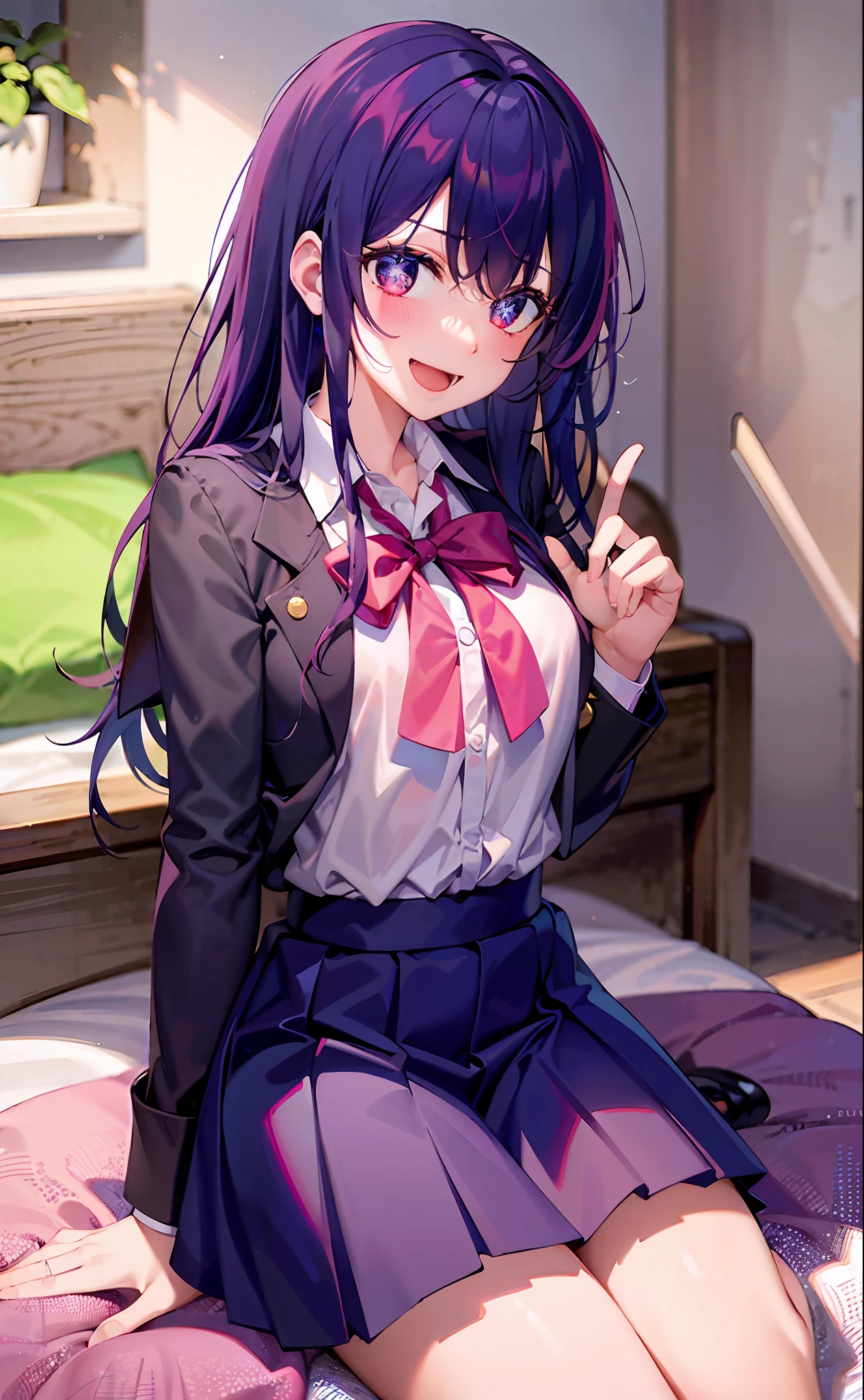 one-girl（（There is a five-pointed star in the eye））A girl with long purple hair，（（（Blushlush）））Smile，Open mouth，JK school uniform，short  skirt，Kneeling，Beds