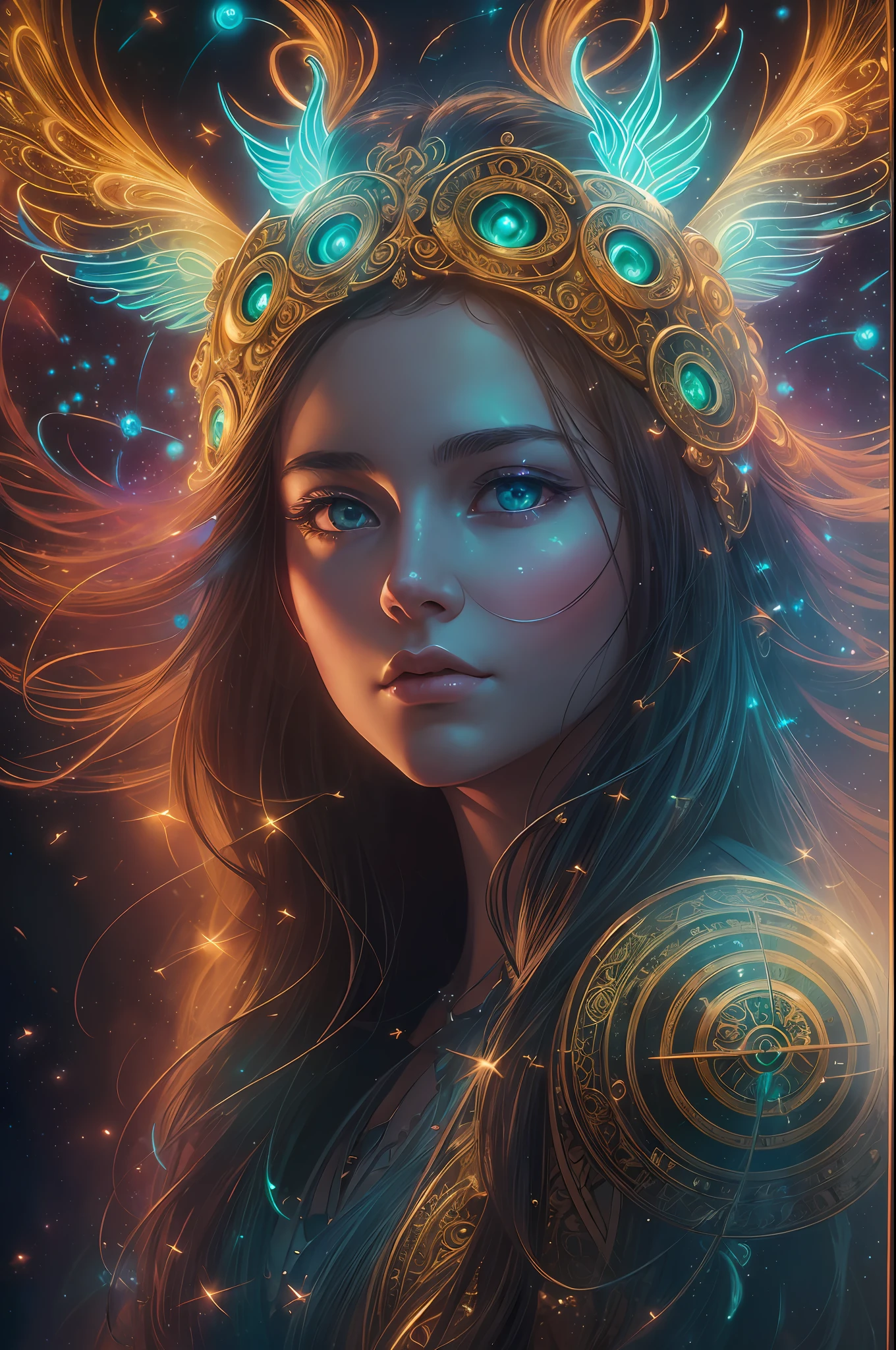 ((best quality)), ((masterpiece)), ((realistic)), portrait, 1girl, celestial, deity, goddess, light particles, halo, looking at viewer, (bioluminescent:0.95) flame, bioluminescence, phoenix, Vibrant, Colorful, Color, (Glow, Glow), (Beautiful Composition), Cinematic Lights, Intricate, (Symmetry: 0.5), Whimsical, Alien Planet