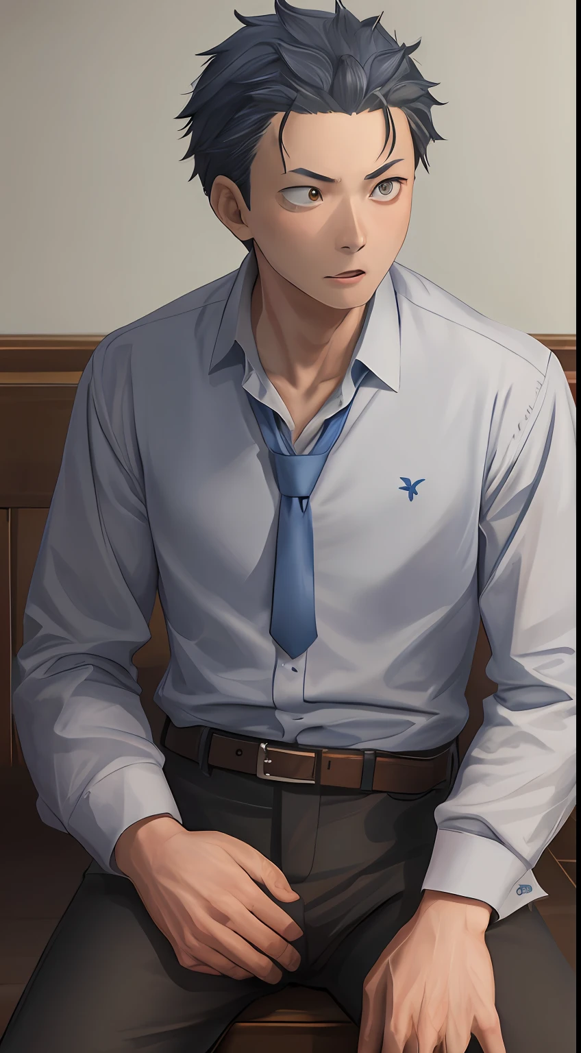 (1 Adult male),A high resolution, Sharp focus, Pixiv masterpiece, ((Complicated details)), highly detailed, natsuki_subaru, 1 man, with her mouth open,full bodyesbian,sit astride, blue colored eyes(eyes glowing), blue short hair,white shirt,Wear a tie,Wear a belt,perspire,look from down