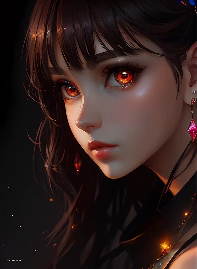((top-quality)), ((​masterpiece)), ((realisitic)), (detaileds),animesque、anime styled、 (1人の女性）Earrings only accessories、Close up portrait of woman with dark brown hair、Very beautiful glowing eyes, Like crystal clear glass、Tank Tops、Summer clothes、4K high-definition digital art、stunning digital illustration、Stunning 8K artwork、colorfull digital fantasy art、Colorful and bright、beautiful digital works of art、Colorful Digital Anime Art、Portrait of beautiful woman、8K HD Digital Wallpaper Art、 Gorgeous Digital Painting