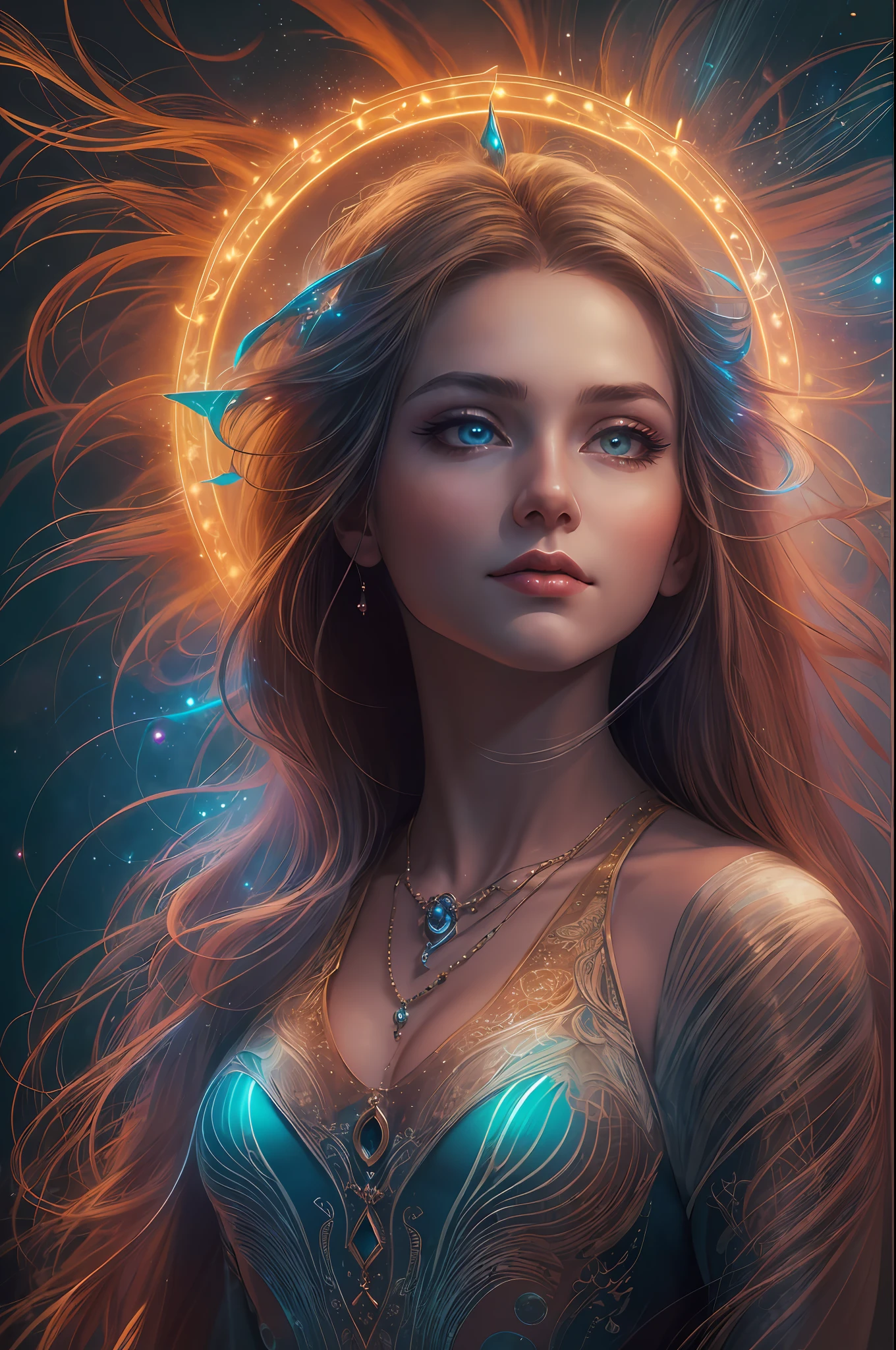 ((best quality)), ((masterpiece)), ((realistic)), portrait, 1girl, celestial, deity, goddess, light particles, halo, looking at viewer, (bioluminescent:0.95) flame, bioluminescence, phoenix, Vibrant, Colorful, Color, (Glow, Glow), (Beautiful Composition), Cinematic Lights, Intricate, (Symmetry: 0.5), Whimsical, Alien Planet