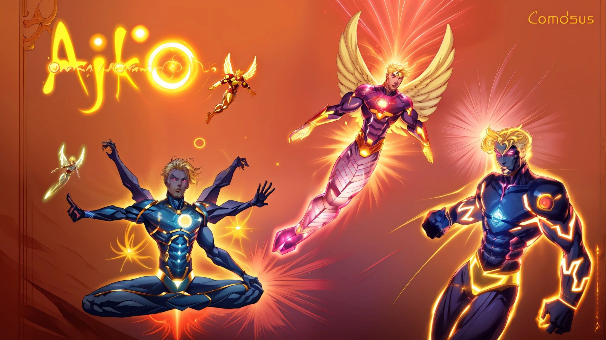 There are three different images of men with different poses, A man with 6 arms and blonde hair and pink eyes, sem roupa e musculoso sarado, some cosmic angels, energetic beings patrolling, inspirado em Hiromu Arakawa, arte de fundo, Energy Dynamic Pose, poder auras, Potencializando a Aura, an epic anime of a energy man, energia do toro, seres solares, Transhumanist Dance, inspired by Mœbius, 8k, ultra realista