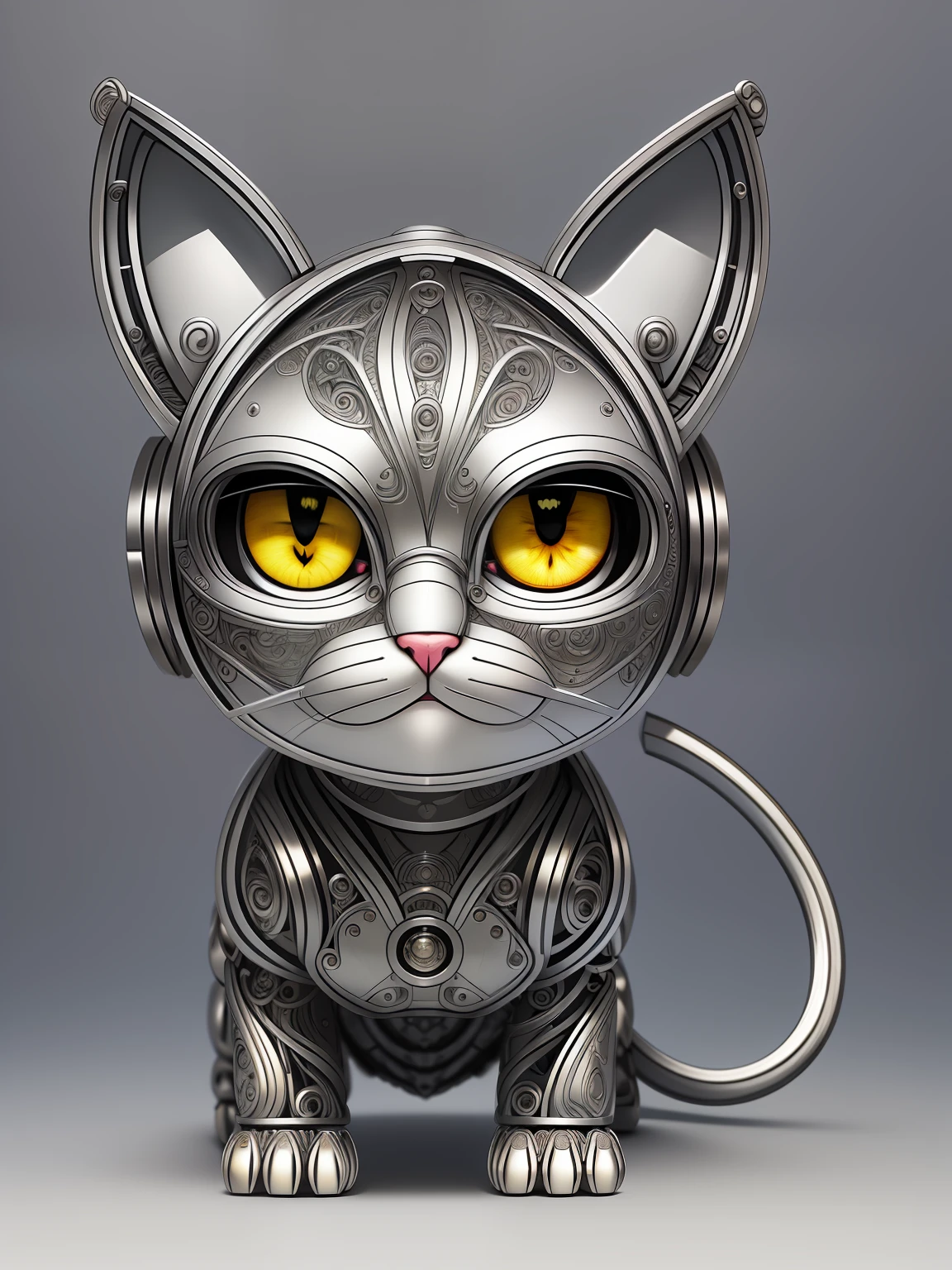 A cute kitten made of metal, (cyborg:1.1), ([tail|detailed wire]:1.3), (intricate detail), hdr, (intricate detail, hyperdetailed:1.2), cine footage, halo shadow, centered