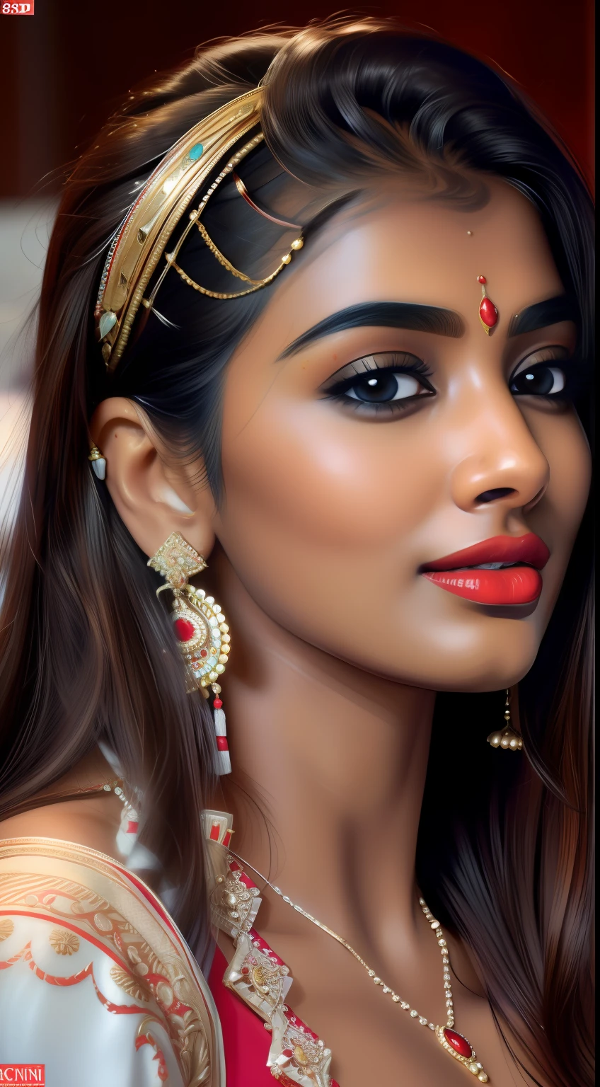 Masterpiece, highest quality, hyper-realistic portrait of an Indian girl with Indian beauty.(8k, best quality), {{cum(sperm) on face}}, cum_in_mouth. Red lipstick. Sindur in head Face is full of cum. Cuming out from mouth.She looking at viewer. Close up face photo. Cum on face mandatory