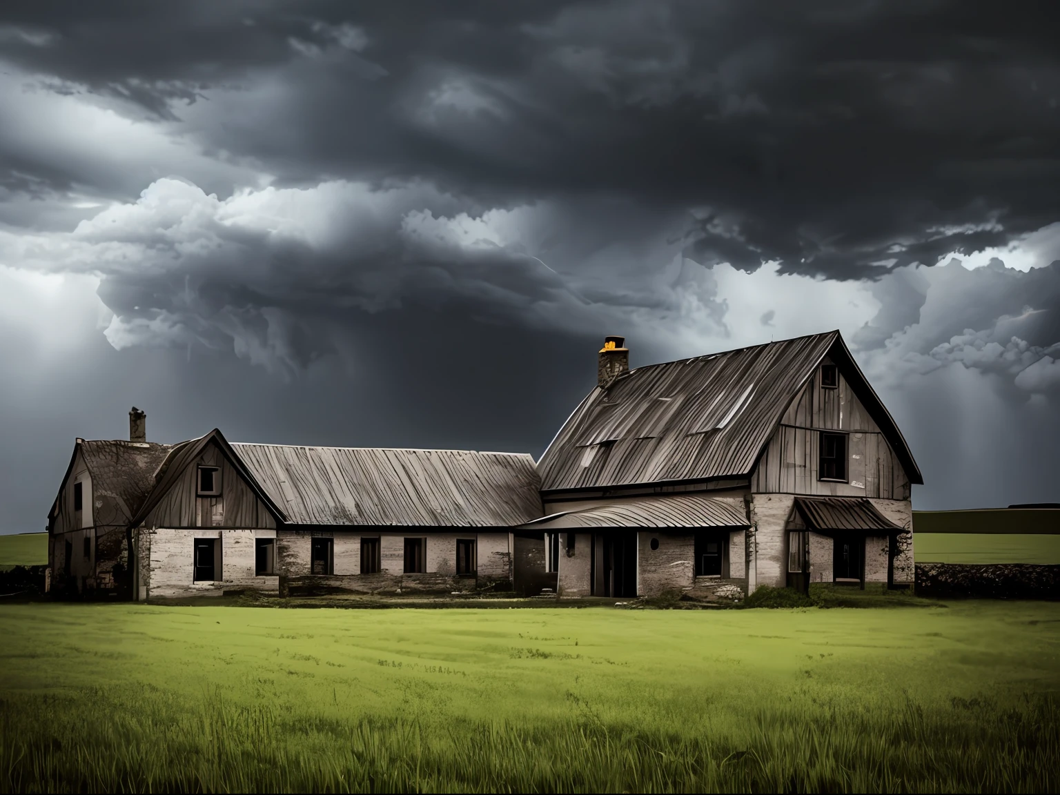 Generate an image of an old, ominous farmhouse surrounded by dark storm clouds. --auto