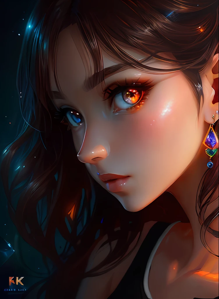 ((top-quality)), ((masterpiece)), ((realisitic)), (detaileds),animesque、anime styled、 (1人の女性)Earrings only accessories、Close up portrait of woman with dark brown hair、Very beautiful glowing eyes, Like crystal clear glass、Tank Tops、Summer clothes、4K high-definition digital art、stunning digital illustration、Stunning 8K artwork、colorfull digital fantasy art、Colorful and bright、beautiful digital works of art、Colorful Digital Anime Art、Portrait of beautiful woman、8K HD Digital Wallpaper Art、 Gorgeous Digital Painting