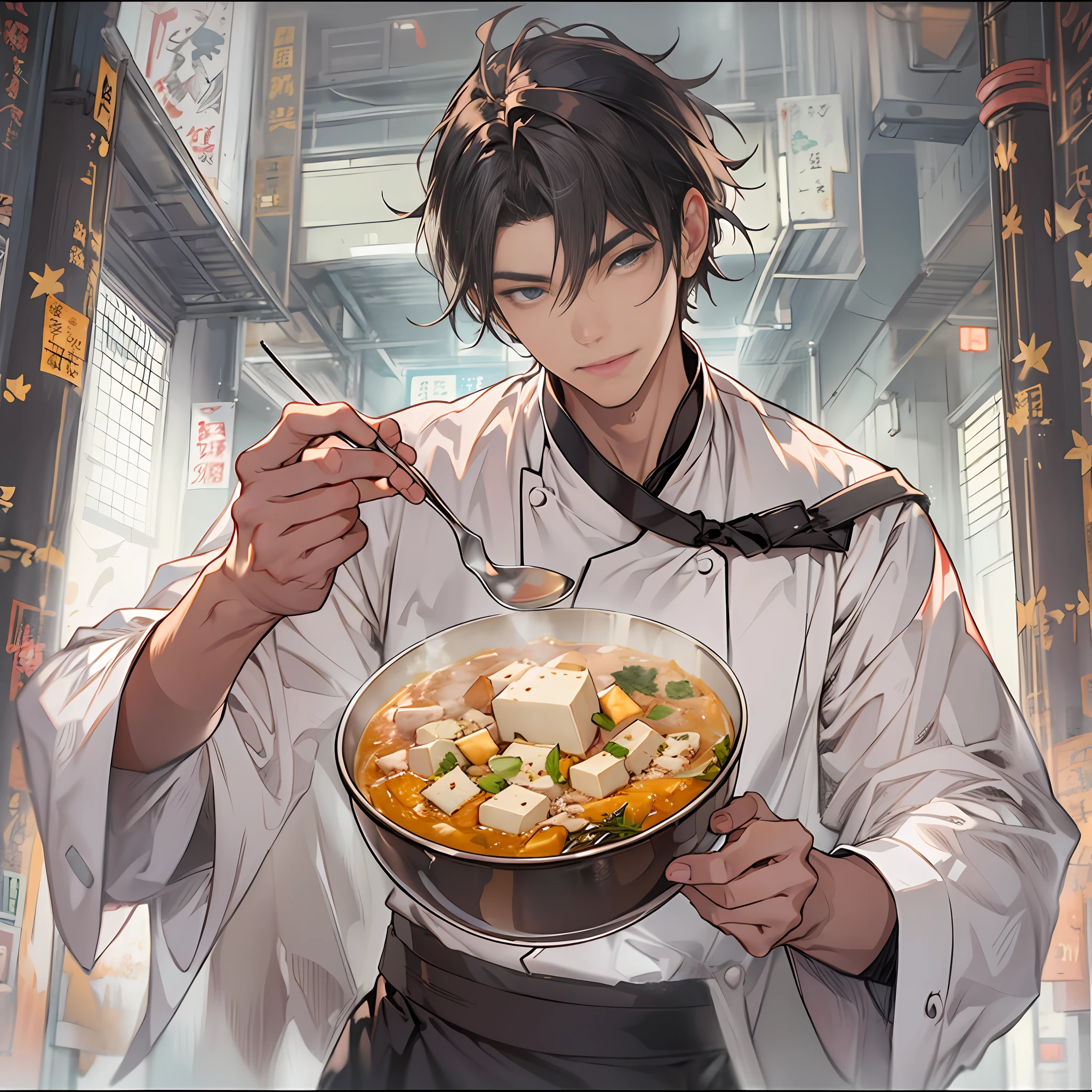 A young and handsome male chef is holding a bowl of savory tofu pudding, with a bill worth 666 yuan in front of him. The tofu pudding is fresh, tender, and enticing, with smooth white tofu and richly flavored ingredients that are visually appealing and delicious.,in the style of the stars art group xing xing, 32k, best quality, masterpiece, super detail, high details