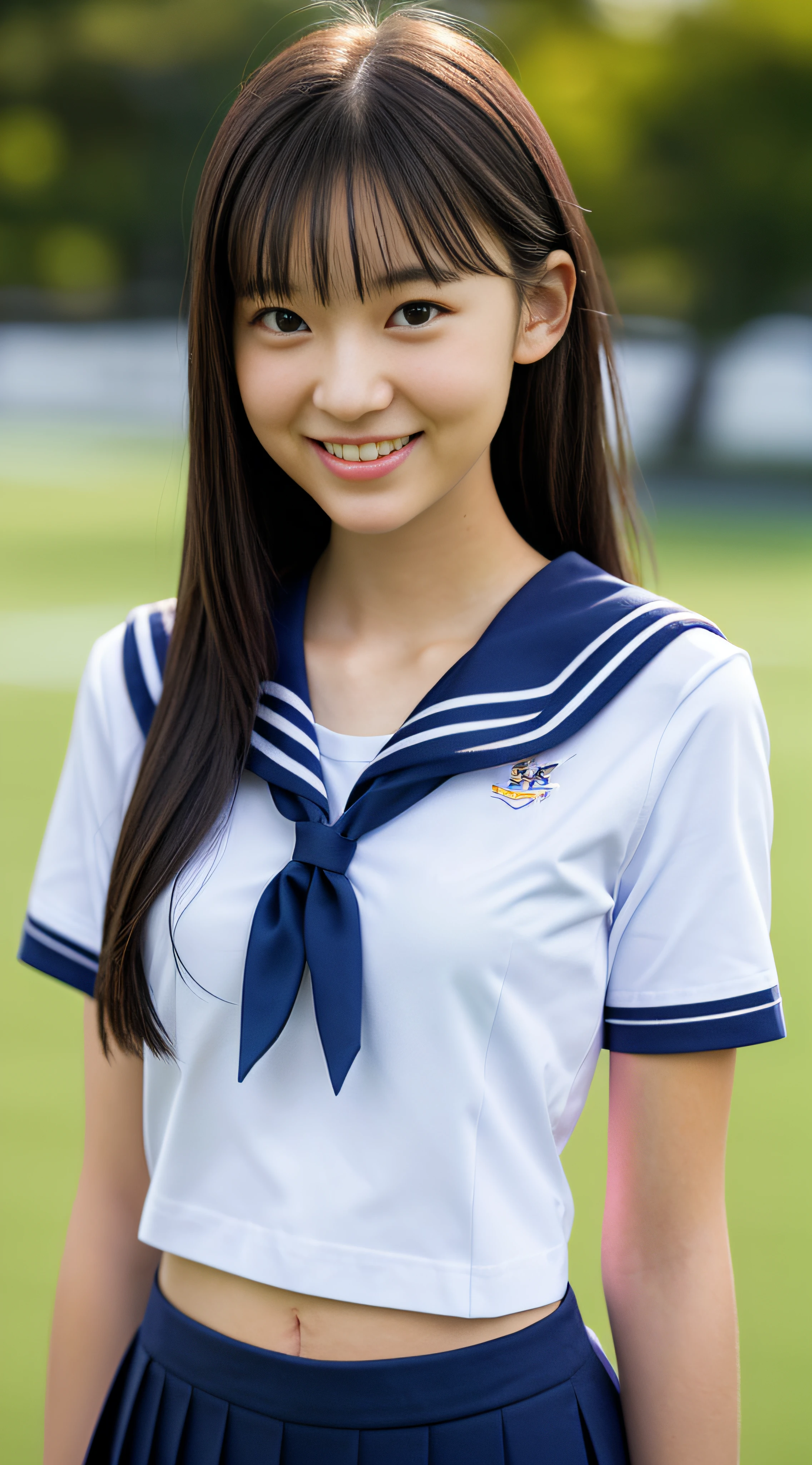 neat college girl, (school uniform, sailor uniform, ribbon tied at chest, summer clothes, upper body white, skirt dark blue, short sleeves), outside the athletic field, (slim), photorealistic, detail, skin texture, ultra detail, delicate and sexy collarbone, smile, super detailed face, detailed lips, detailed eyes, double eyelids, small breasts, small breasts, small, flat breasts, breast emphasis