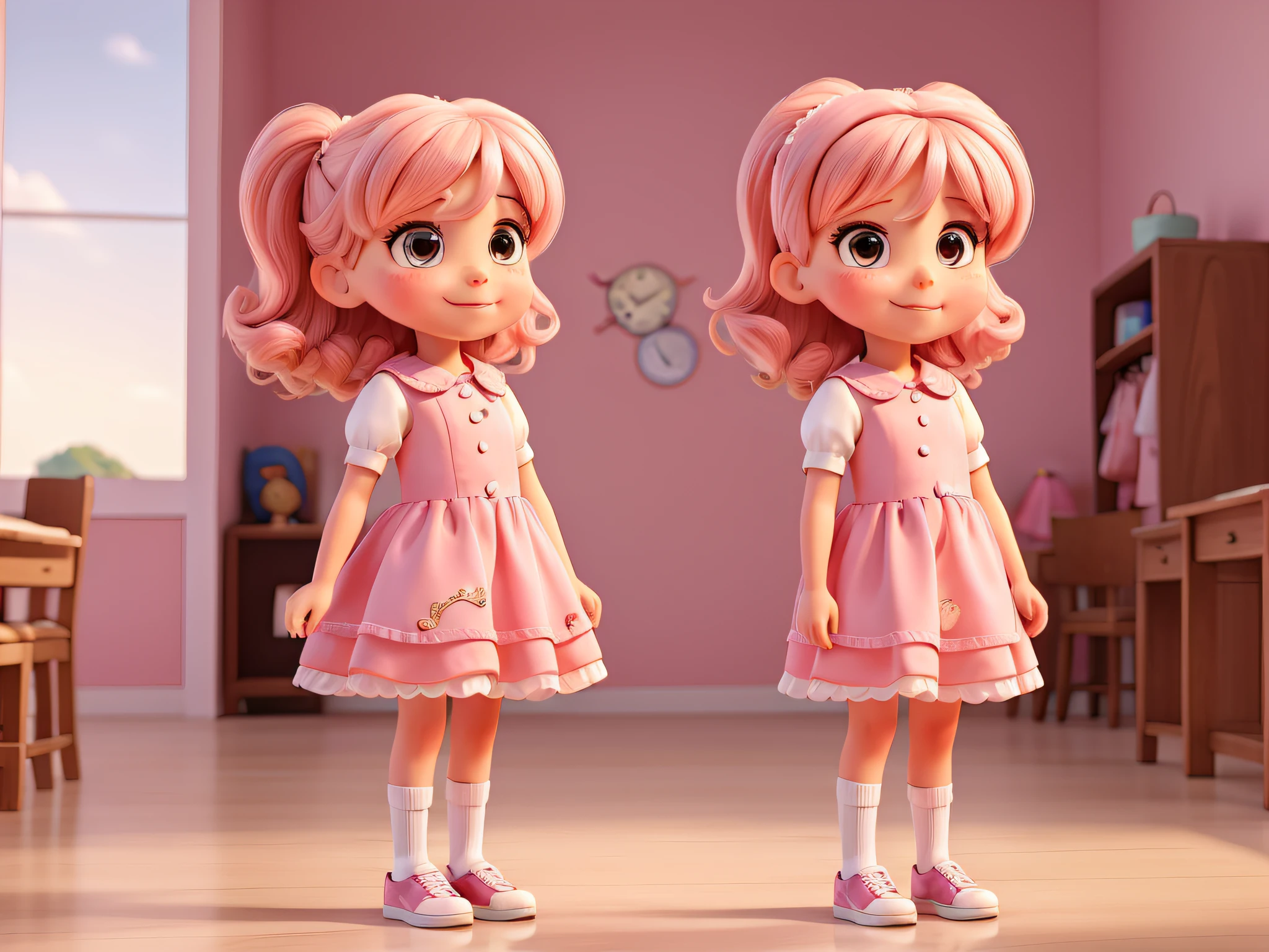 A named Marina is standing on stage, about to make a presentation. She is wearing a pink dress and white shoes. Ela tem cabelos castanhos escuros e olhos castanhos brilhantes. She's smiling and looks confident. She's about to make her presentation and she knows she's going to do a good job.