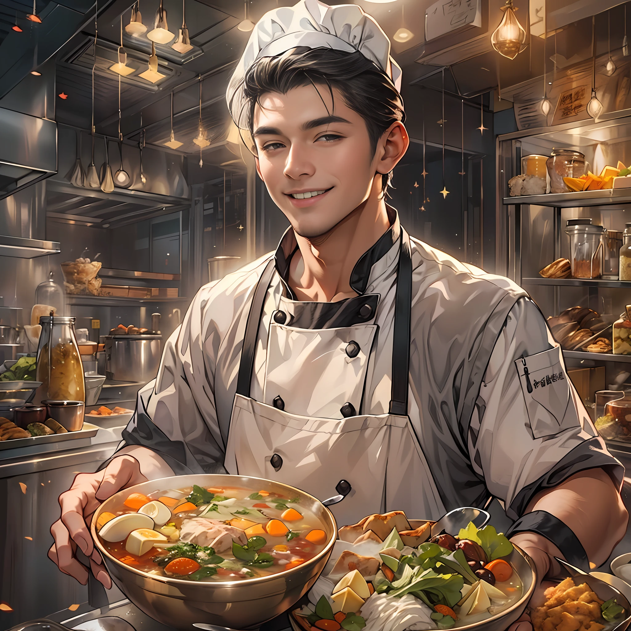 A young handsome male chef stands next to a snack cart,With a smile on his face,Holding a bowl of clear soup in his hand,Detailed close-up of faces,in the style of the stars art group xing xing, 32K, Best quality, Masterpiece, Super detail, High details