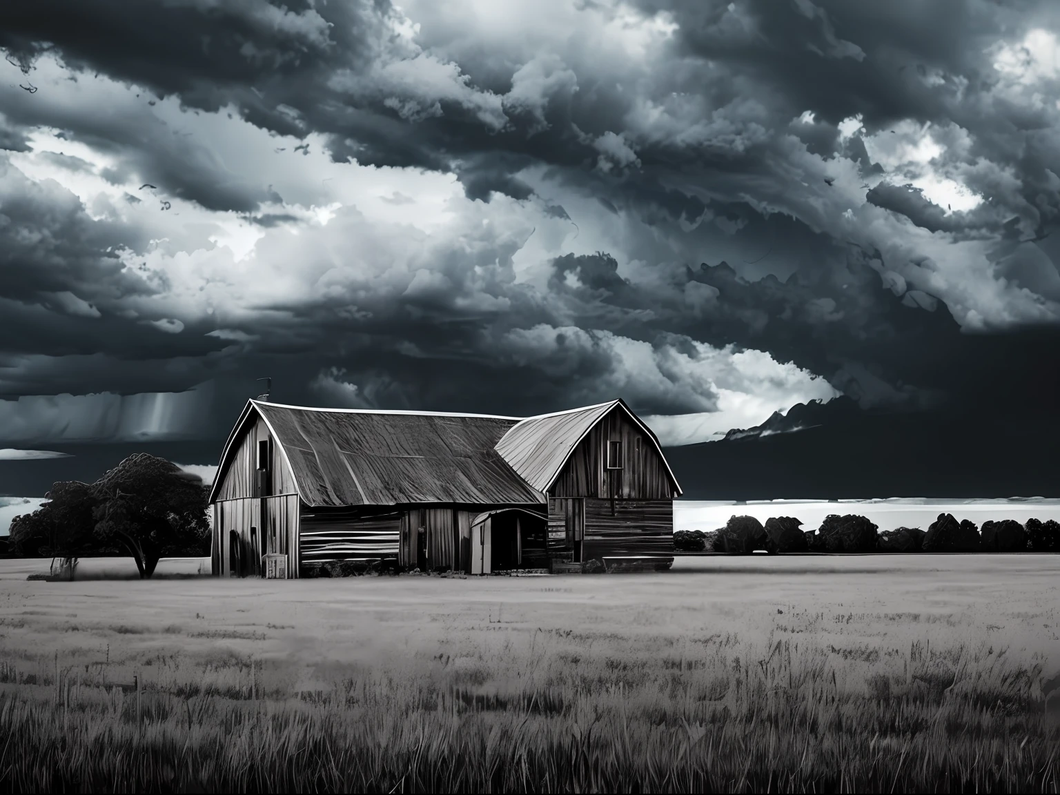 Generate an image of an old, ominous farmhouse surrounded by dark storm clouds. --auto