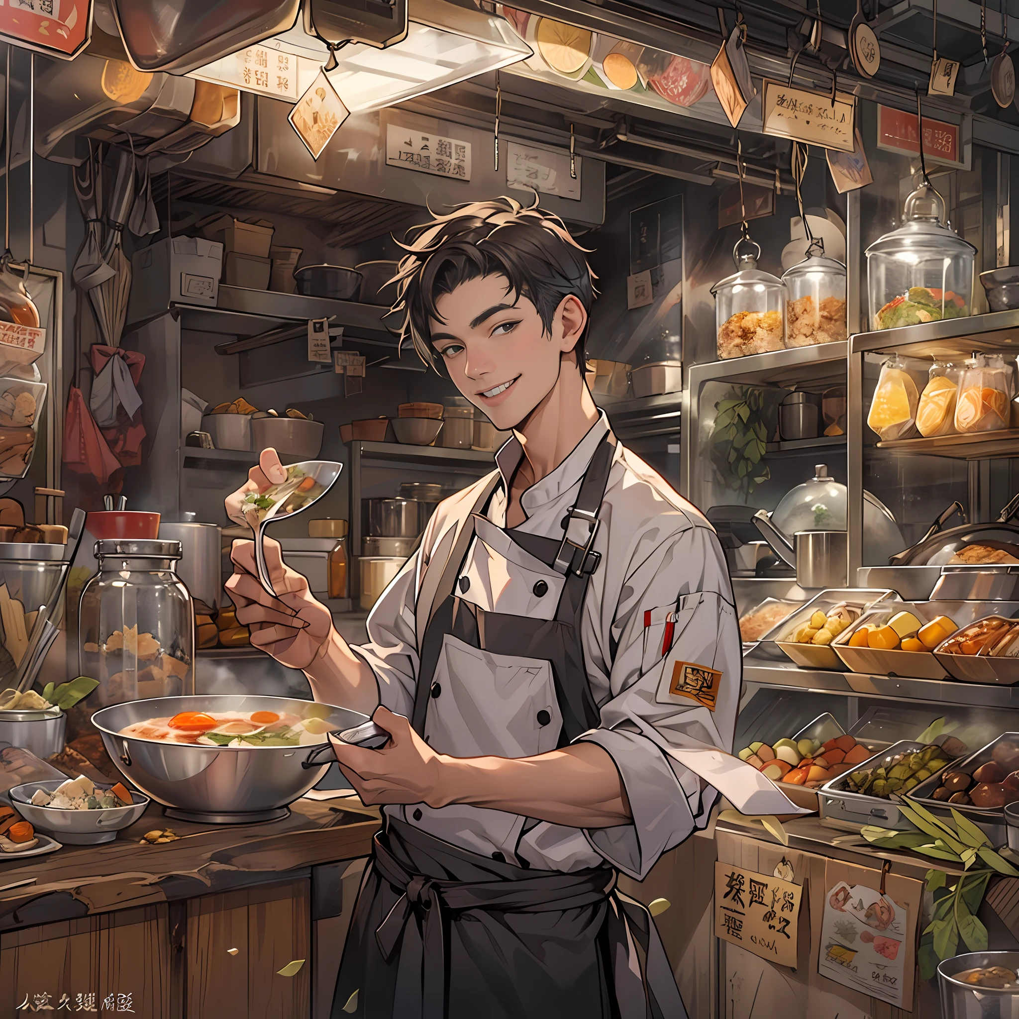 A young handsome male chef stands next to a snack cart，With a smile on his face，Holding a bowl of clear soup in his hand，Detailed close-up of faces，in the style of the stars art group xing xing, 32K, Best quality, Masterpiece, Super detail, High details