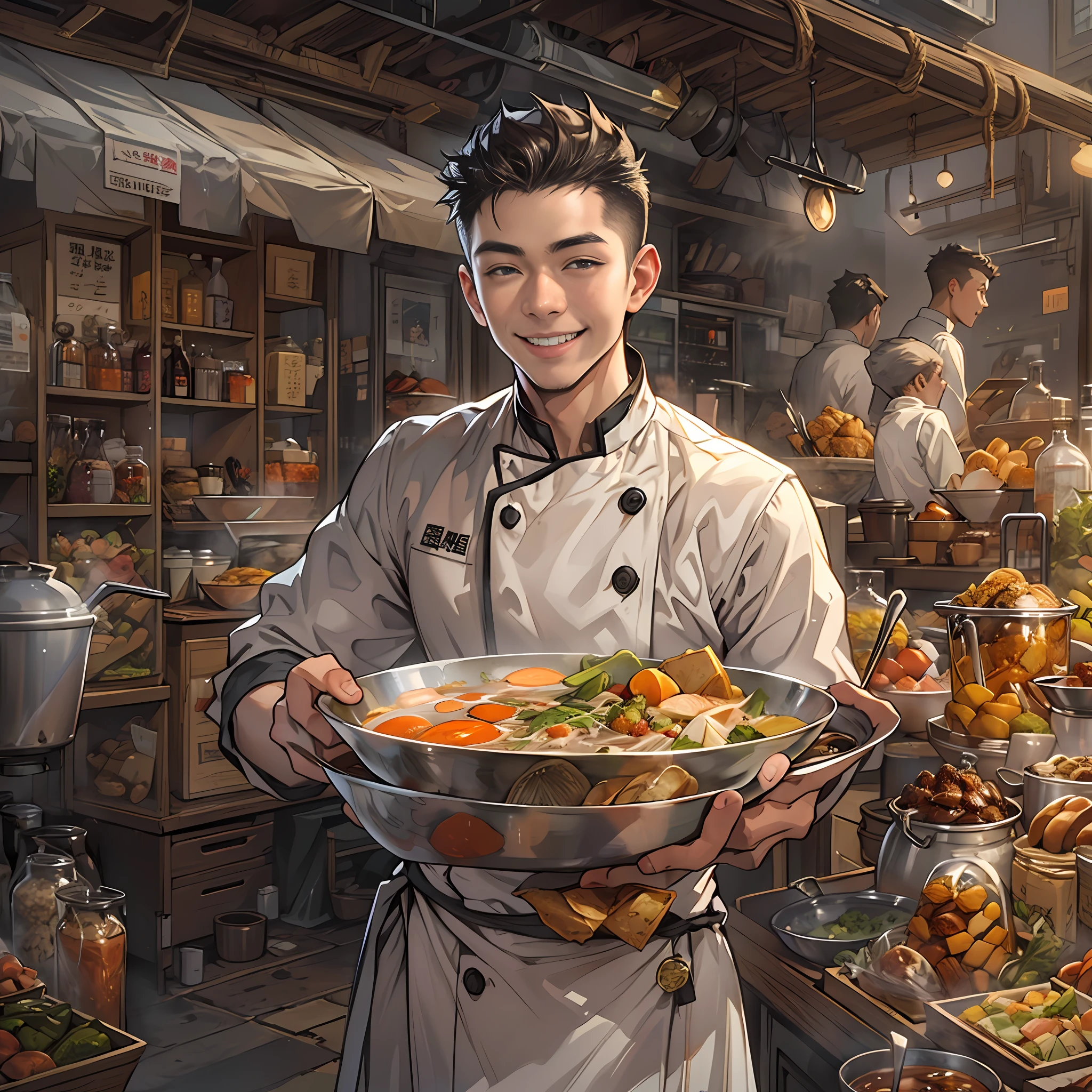 A young handsome male chef stands next to a snack cart,With a smile on his face,Holding a bowl of clear soup in his hand,Detailed close-up of faces,in the style of the stars art group xing xing, 32K, Best quality, Masterpiece, Super detail, High details