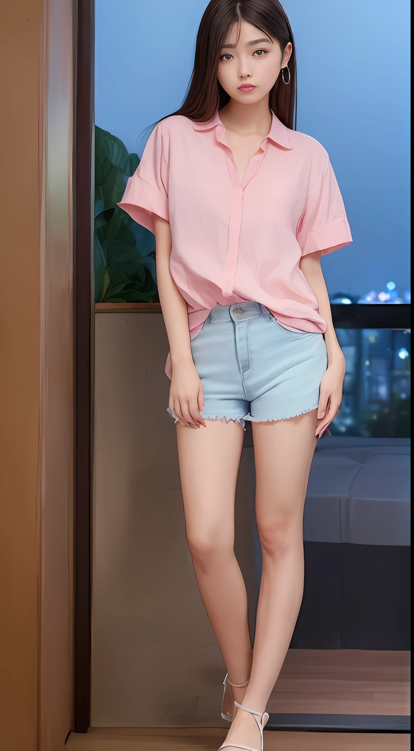 ((、top-quality、8K、masterpiece:1.3)), full body Esbian, long legged, foco nítido:1.2, Beautiful woman with perfect body shape:1.4, Slender Abs:1.1,, ((Night City View、)), Highly detailed facial and skin texture, A detailed eye, 二重まぶた、Plain clothe、30-years old、fashion magazine、Plain clothe、full body Esbian、Pastel colored linen shirt and shorts、Brown hair、BBQ