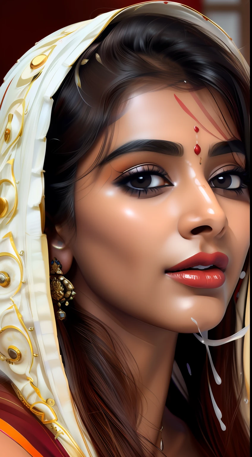 Masterpiece, highest quality, hyper-realistic portrait of an Indian girl with Indian beauty.(8k, best quality), {{cum(sperm) on face}}, cum_in_mouth. Red lipstick. Sindur in head Face is full of cum. Cuming  from mouth.She looking at viewer. Close up face photo. Cum on face mandatory