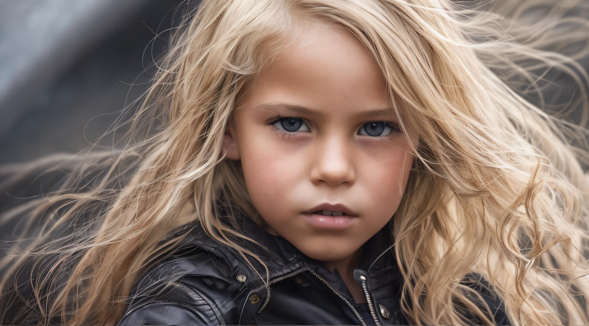 Cavalgar na tempestade, GIRL CHILD BLONDE HAIR, LONGOS ,CLOSE UP, ESTILO RUSSA DE fones de ouvido, CASACO DE PELE PRETA.