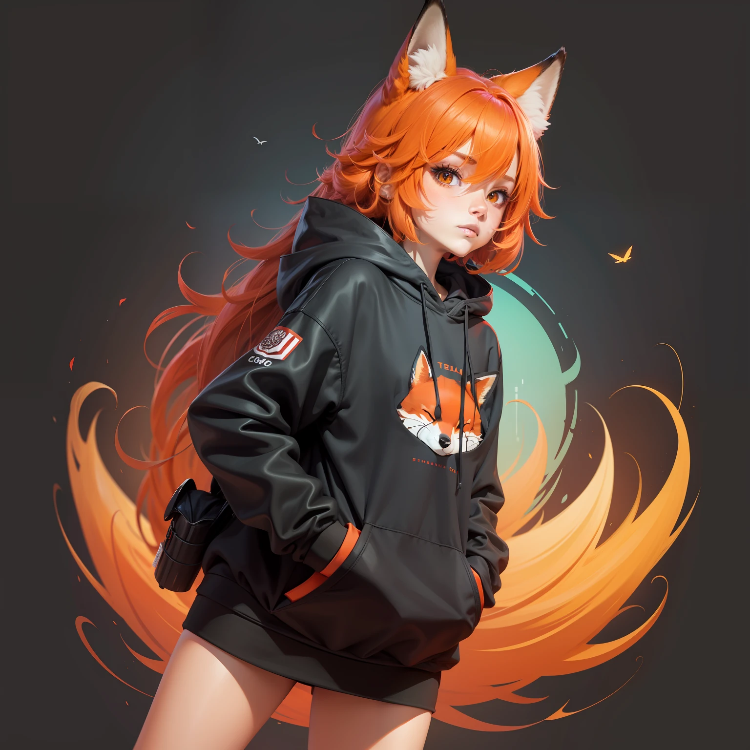 Red fox,personification,quadratic element,A turtle,Black sweatshirt,solo person,ember,
