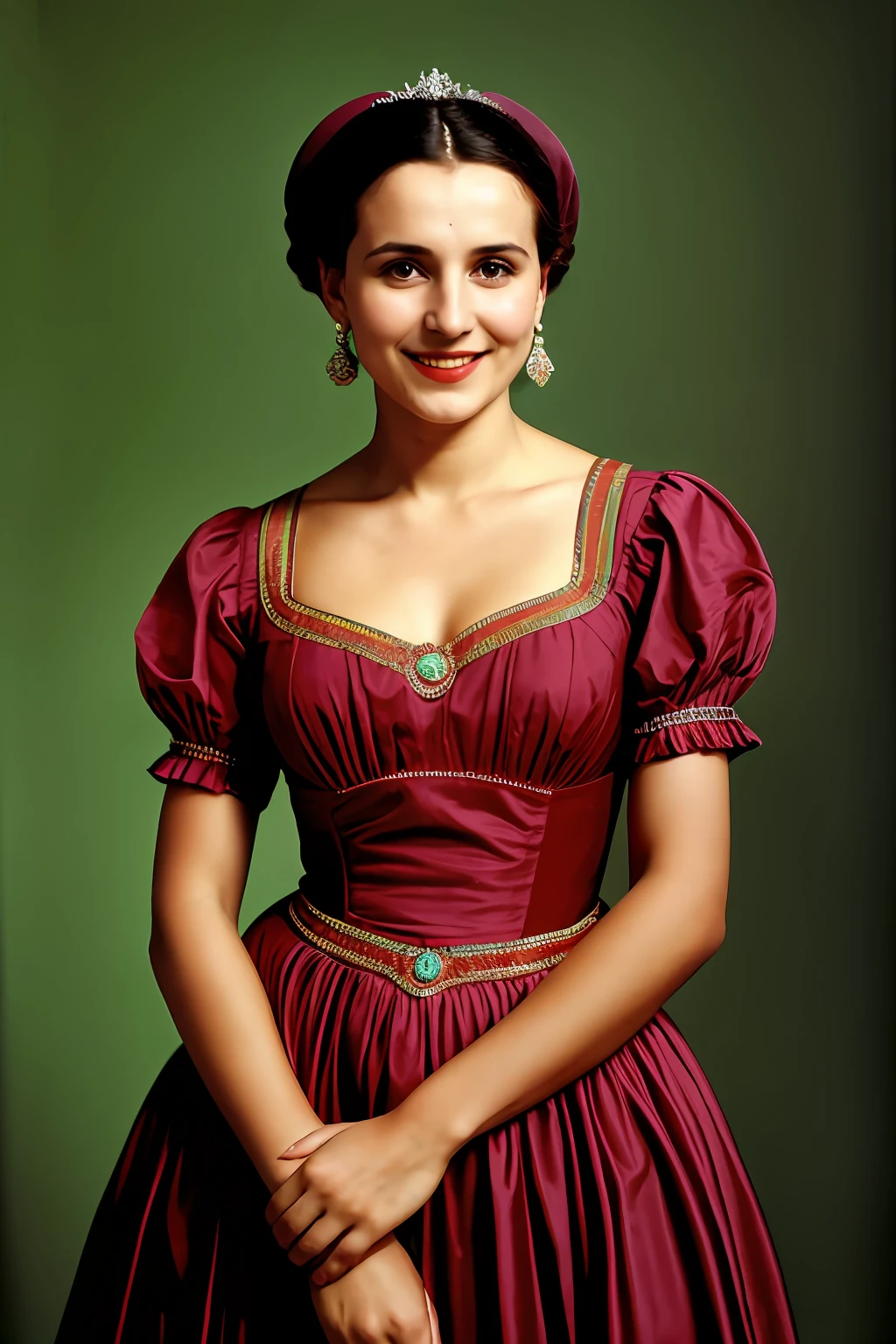 Uma fotografia colorida de uma mulher idosa com um sorriso feliz, vestindo um vestido social. Her pose is very erect and posture of a lady. It is a promotional portrait in the style of Taras Shevchenko, inspirado em Yousuf Karsh, An epic and elegant representation, taking inspiration from Wladyslaw Strzeminski and Paweł Kluza.