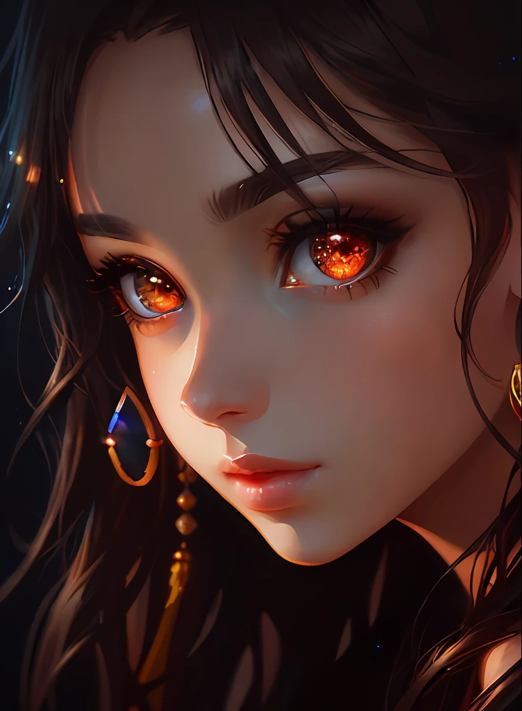 ((top-quality)), ((​masterpiece)), ((realisitic)), (detaileds),animesque、anime styled、 (1人の女性）Earrings only accessories、Close up portrait of woman with dark brown hair、Very beautiful glowing eyes, Like crystal clear glass、Tank Tops、Summer clothes、4K high-definition digital art、stunning digital illustration、Stunning 8K artwork、colorfull digital fantasy art、Colorful and bright、beautiful digital works of art、Colorful Digital Anime Art、Portrait of beautiful woman、8K HD Digital Wallpaper Art、 Gorgeous Digital Painting