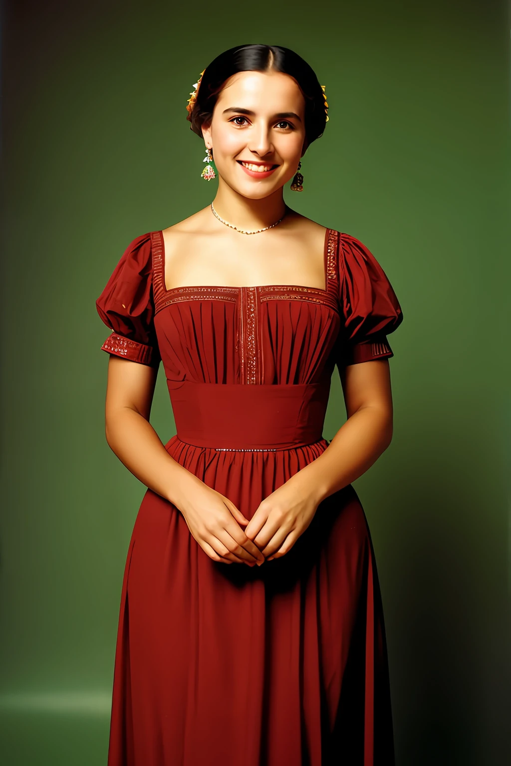 Uma fotografia colorida de uma mulher idosa com um sorriso feliz, vestindo um vestido social. Her pose is very erect and posture of a lady. It is a promotional portrait in the style of Taras Shevchenko, inspirado em Yousuf Karsh, An epic and elegant representation, taking inspiration from Wladyslaw Strzeminski and Paweł Kluza.