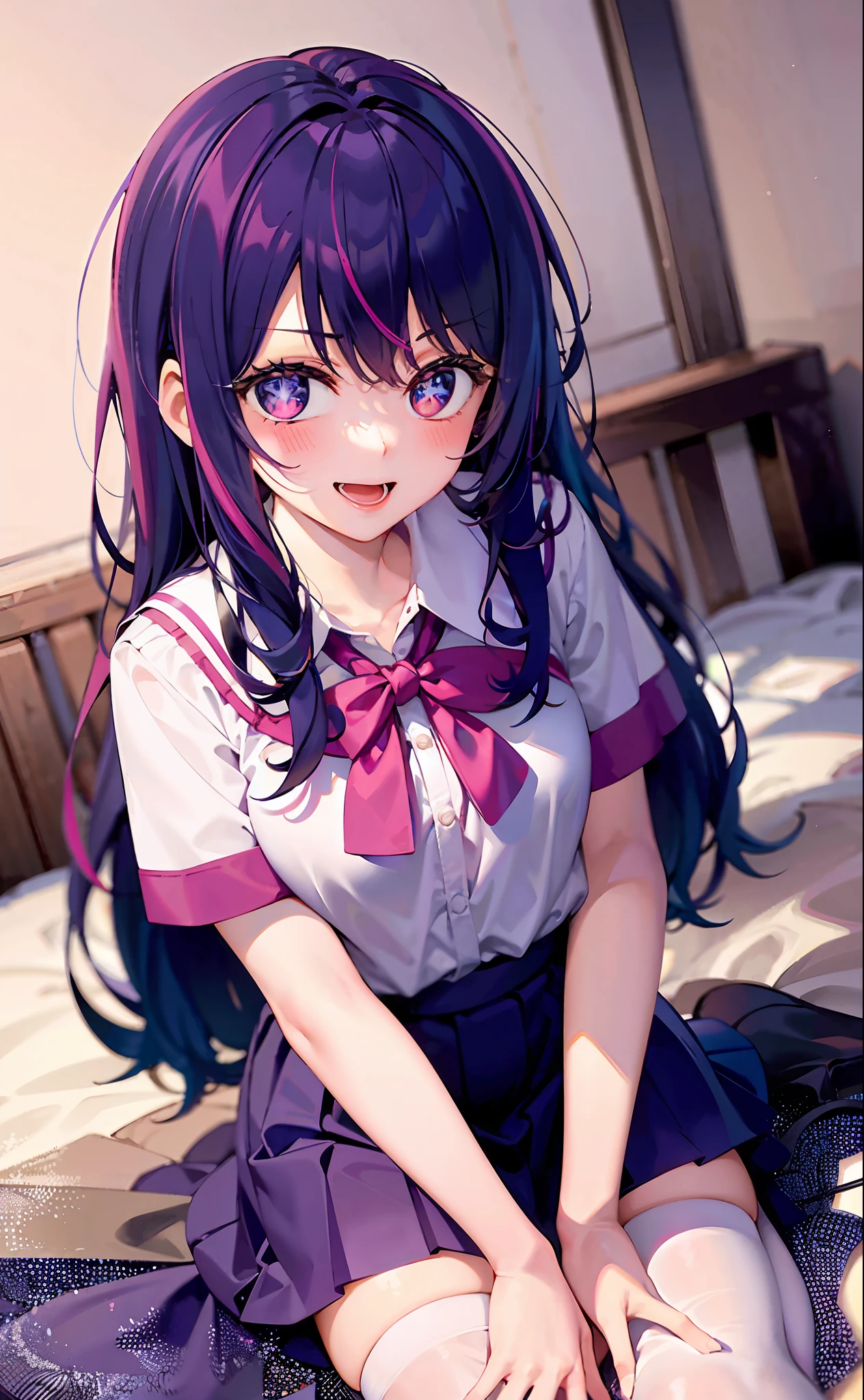 one-girl((There is a five-pointed star in the eye))A girl with long purple hair,(((Blushlush)))Smile,Open mouth,JK school uniform,short skirt,Kneeling,Beds,,white stockings