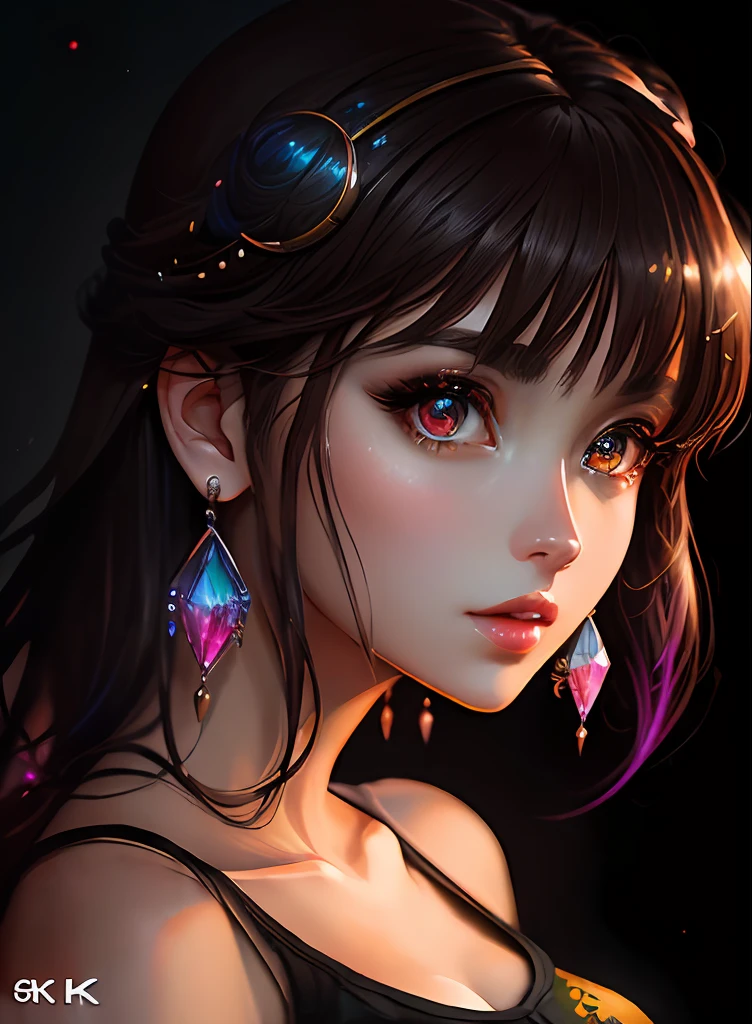 ((top-quality)), ((masterpiece)), ((realisitic)), (detaileds),animesque、anime styled、 (1人の女性)Earrings only accessories、Close up portrait of woman with dark brown hair、Very beautiful glowing eyes, Like crystal clear glass、Tank Tops、Summer clothes、4K high-definition digital art、stunning digital illustration、Stunning 8K artwork、colorfull digital fantasy art、Colorful and bright、beautiful digital works of art、Colorful Digital Anime Art、Portrait of beautiful woman、8K HD Digital Wallpaper Art、 Gorgeous Digital Painting
