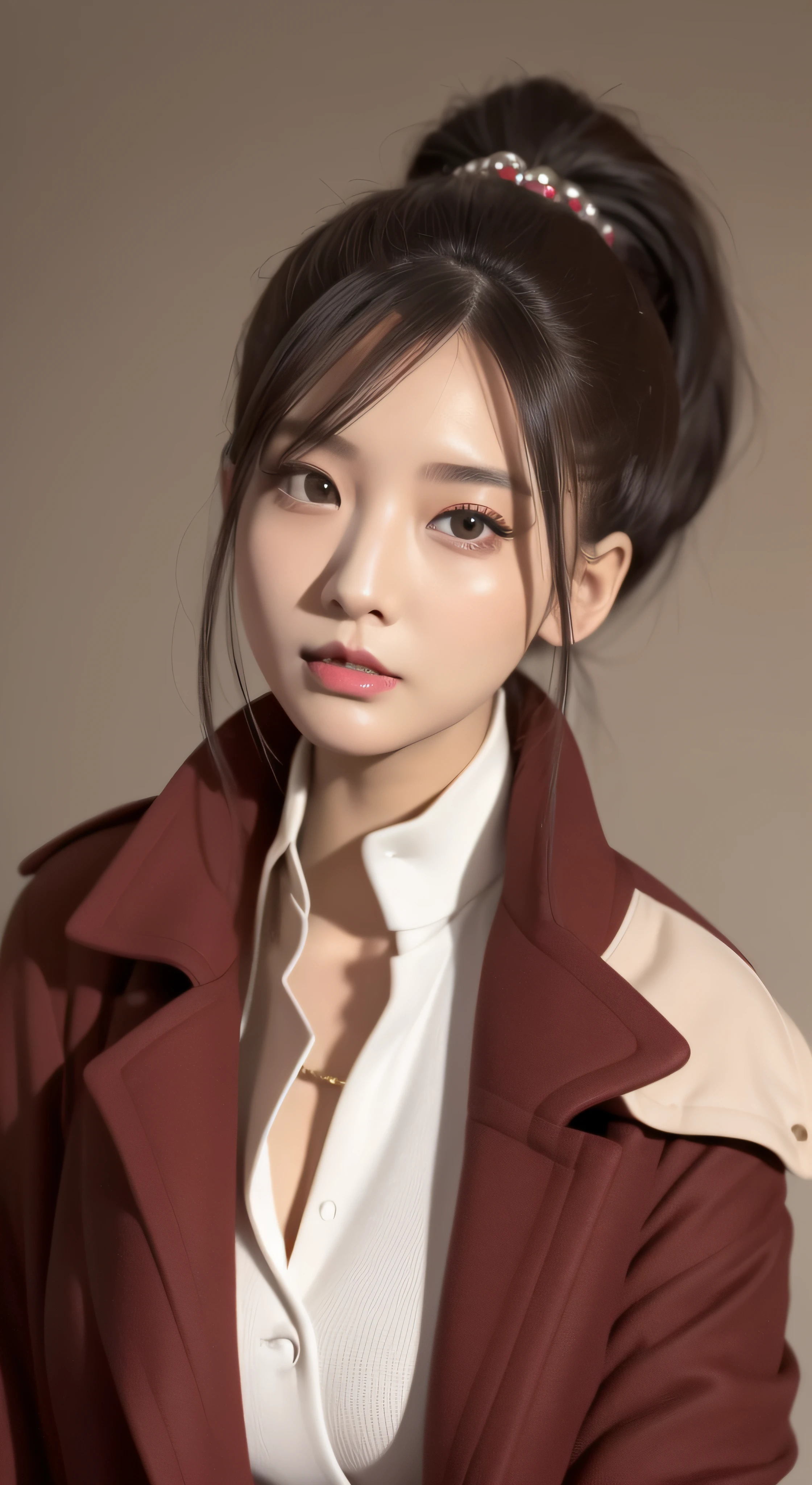 pony tails, Enchanting figure,smallunderboob, Chunky trench coat with high neck,sofe,Mature woman, Haughty expression,Flaming red lips,二重まぶた,tall nose bridge,Enchanting figure, hyper HD, Super detail, High details, High quality, Best quality,
