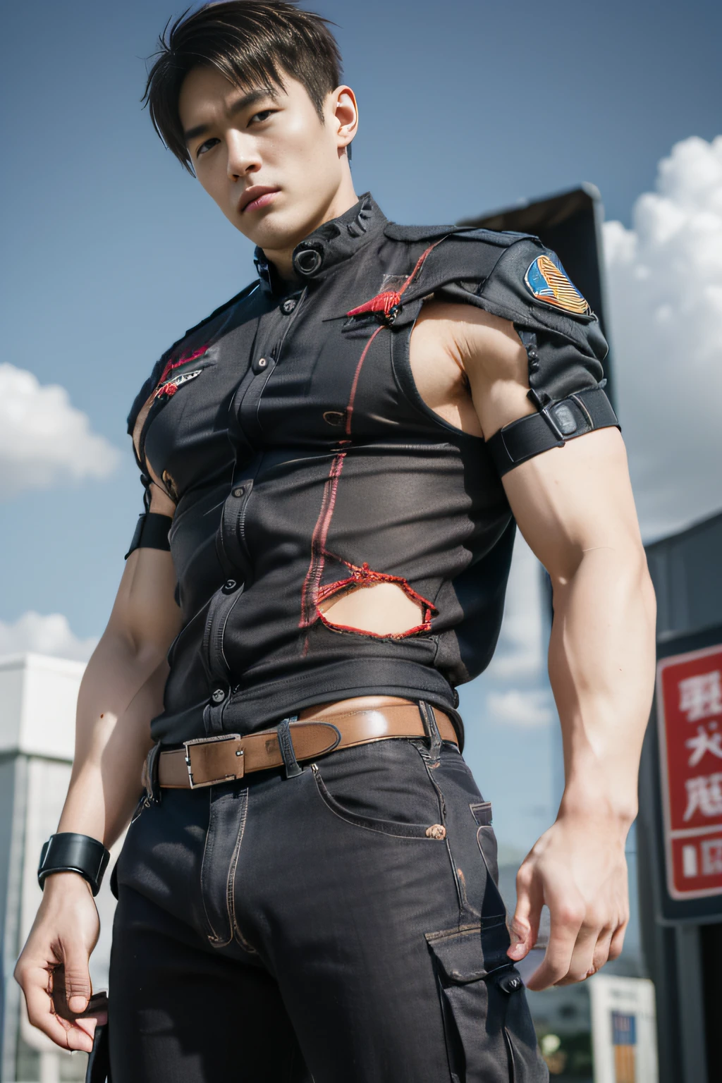 top-quality、masterpiece、超A high resolution、(realisitic:1.4)、详细的脸、独奏、1human male、The upper part of the body、Dark hair、glistning skin、dense skin、((asian human))、architectural、(absurderes、hight resolution、ultra-detailliert)、、1 male、Adults、(20-year-old man)、tall muscular man、broad shoulder、extra very short hair、angular jaws、thick neck、thick eyebrow、((extra very short hair))、A dark-haired、fine eyes and detailed face、 Highly detailed CG Unity 8K wallpapers、intricate-detail、(Style Swirl Magic:0.7)、looking at the spectator、独奏、(full body Esbian:0.6)、细致背景、A detailed face、dynamicposes、、Urban background、dynamic compositions、 big muscle、、(((Crotch bulge)))、 ((masutepiece:1.4, Best Quality)), ((masutepiece, Best Quality)), (photographrealistic:1.4)、(((soldier)))、vests、 Pubic hair, Open legs, Arms raised and crossed behind the back, abdominals, ((Erection 1.2)), emphasis, (Moccoli: 1.4), (Manly chest plate)), Sweating,, Blood vessels in the arm、military outfits、pistols、Survival Outfit、Wearing a military uniform、Cargo pants