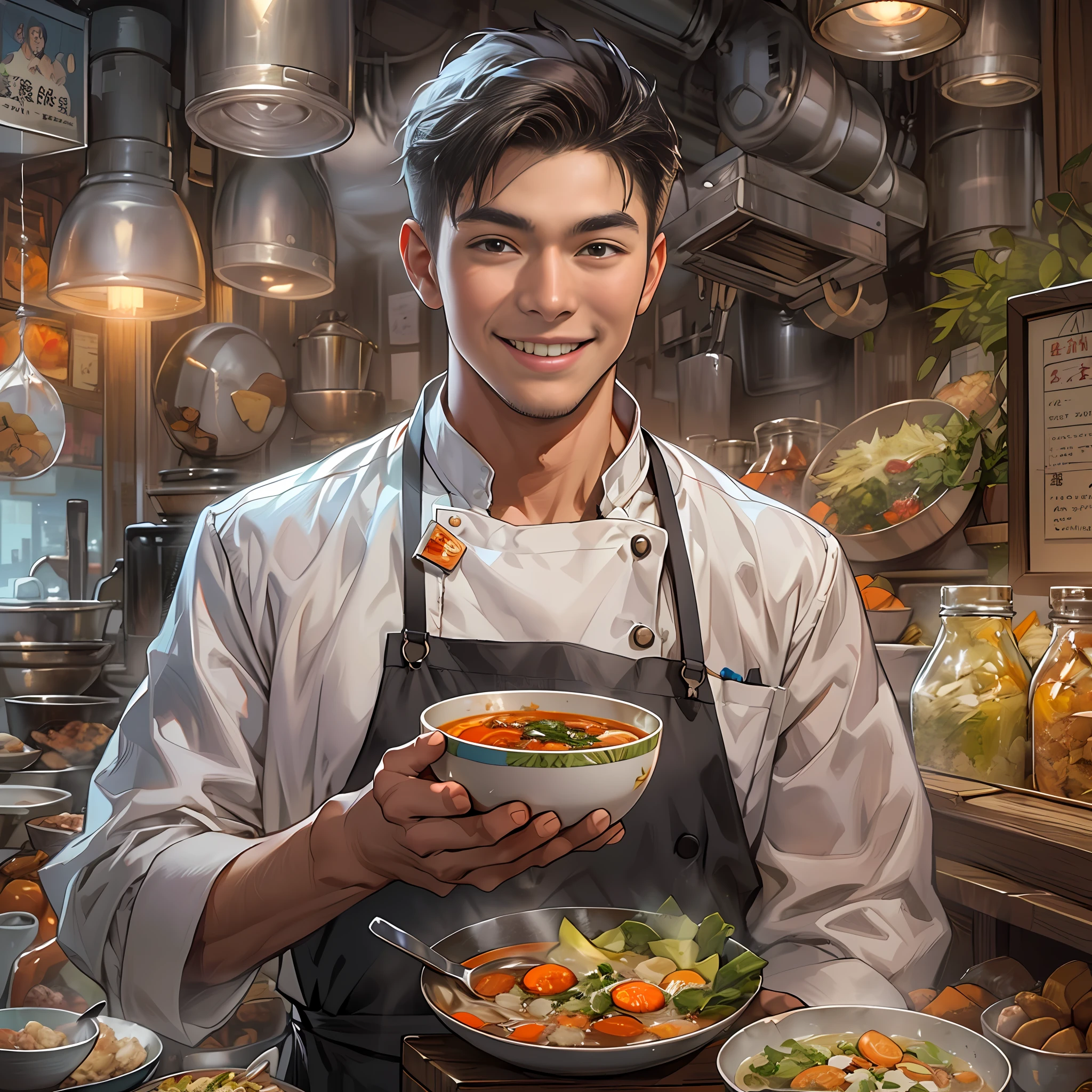 A young handsome male chef stands next to a snack cart,With a smile on his face,Holding a bowl of clear soup in his hand,Detailed close-up of faces,in the style of the stars art group xing xing, 32K, Best quality, Masterpiece, Super detail, High details