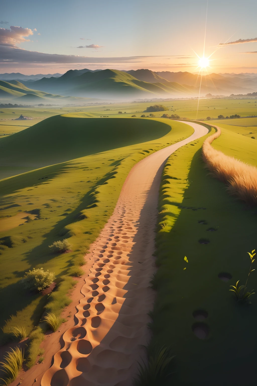 The green grassland A string of footprints that stretch to the edge of the sky, footprints near small and far, the morning sun shines (8k,Best Picture Quality。1920 1080 resolution,16:9 widescreen)Realistic wind