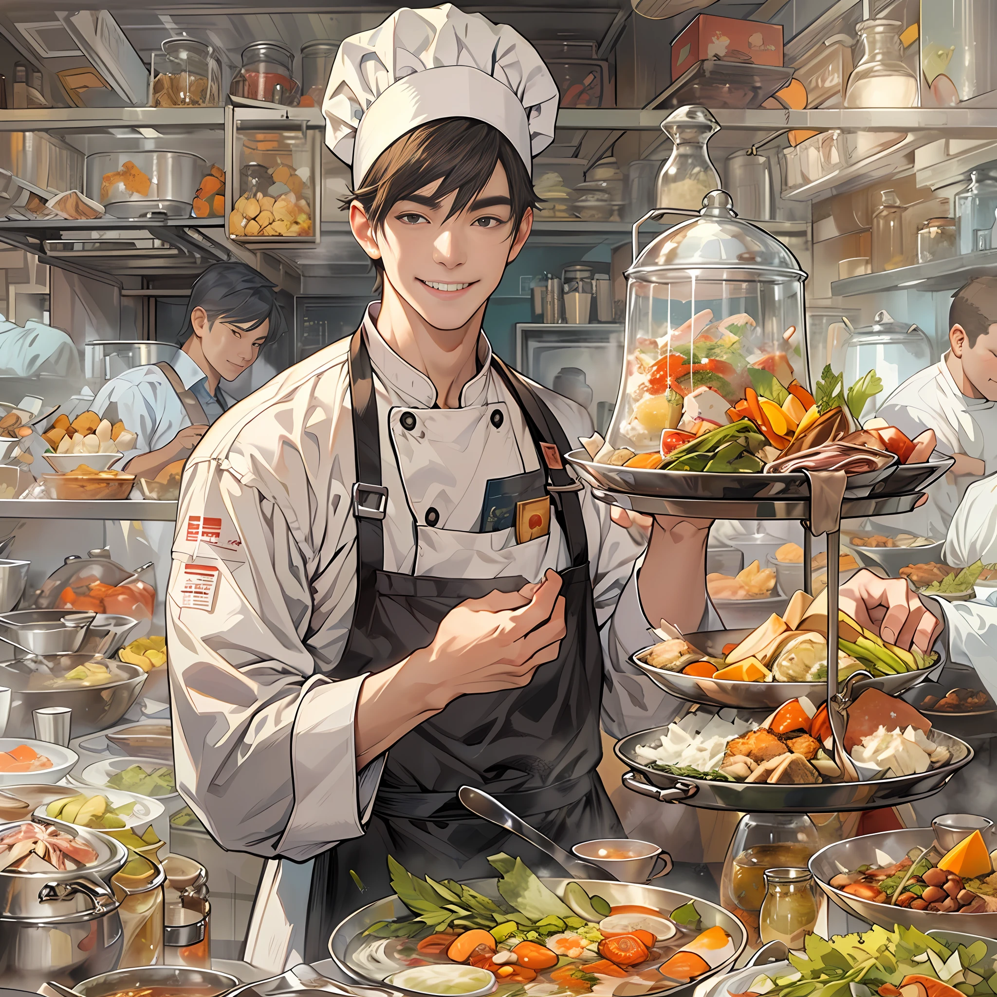 A young handsome male chef stands next to a snack cart,With a smile on his face,Holding a bowl of clear soup in his hand,Detailed close-up of faces,in the style of the stars art group xing xing, 32K, Best quality, Masterpiece, Super detail, High details