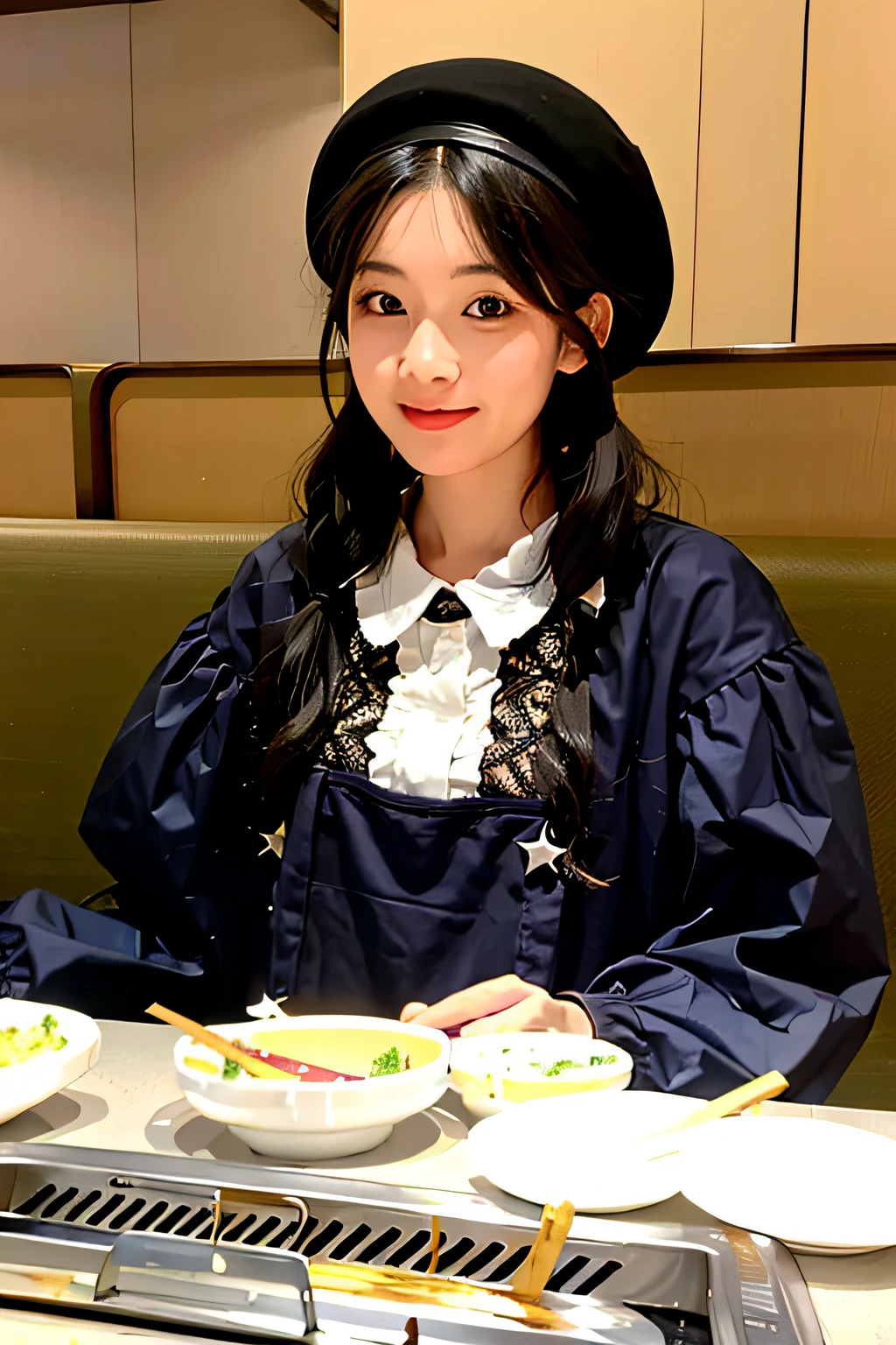 tmasterpiece， Best quality at best， 1girll， patchouli knowledge， Hat decoration， beret， black color hair， ， ssmile， desks， food， diet， dining room