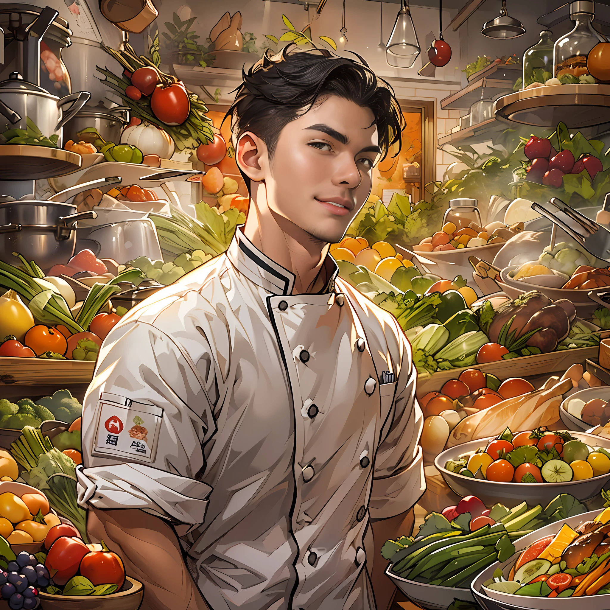 A young and handsome chef with a slight smile on his lips, hands on hips, exuding confidence in his gaze. Various images of ingredients float around him, such as vegetables, fruits, meats, and more.,in the style of the stars art group xing xing, 32k, best quality, masterpiece, super detail, high details