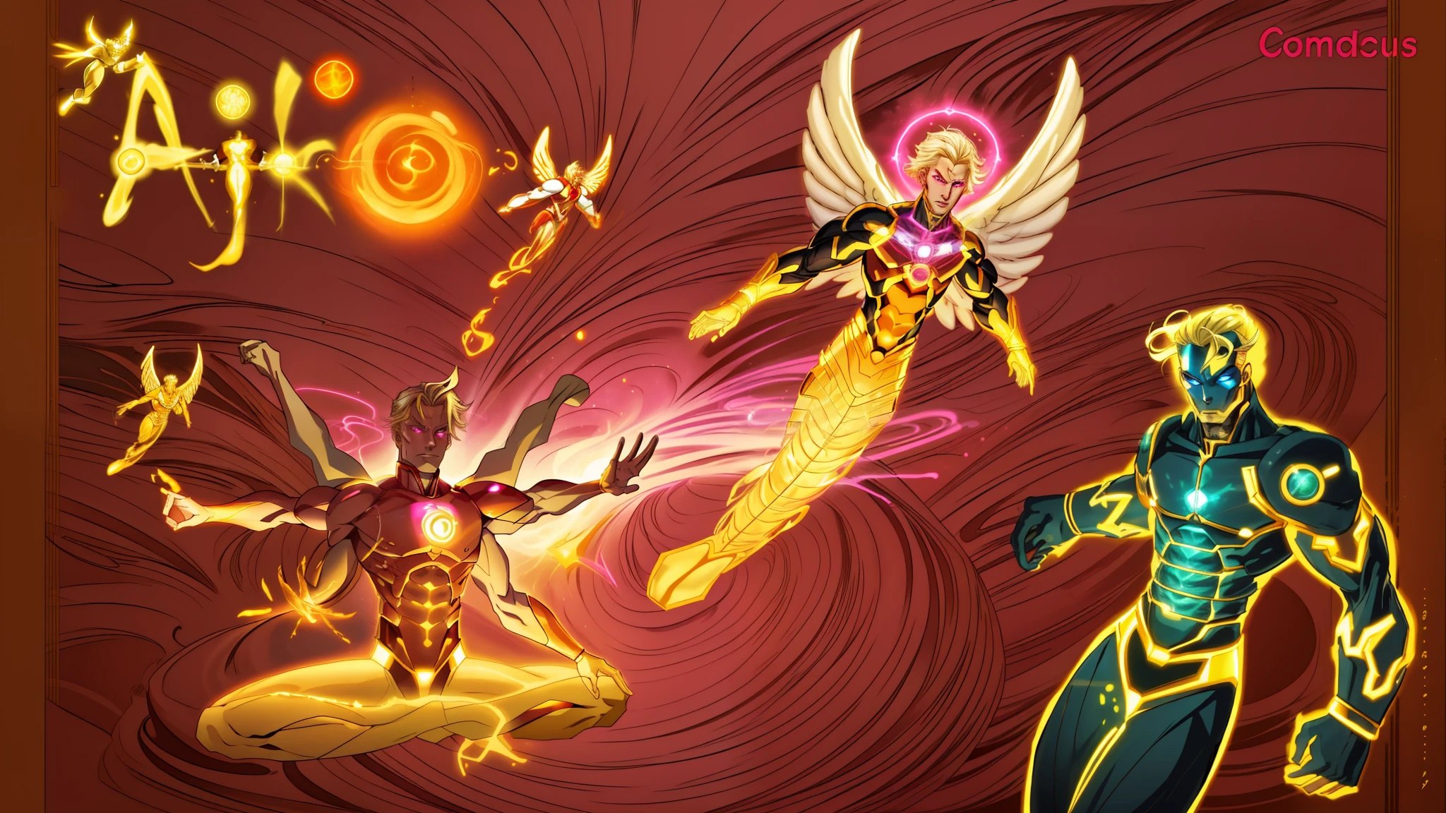 There are three different images of men with different poses, A man with 6 arms and blonde hair and pink eyes, sem roupa e musculoso sarado, some cosmic angels, energetic beings patrolling, inspirado em Hiromu Arakawa, arte de fundo, Energy Dynamic Pose, poder auras, Potencializando a Aura, an epic anime of a energy man, energia do toro, seres solares, Transhumanist Dance, inspired by Mœbius, 8k, ultra realista