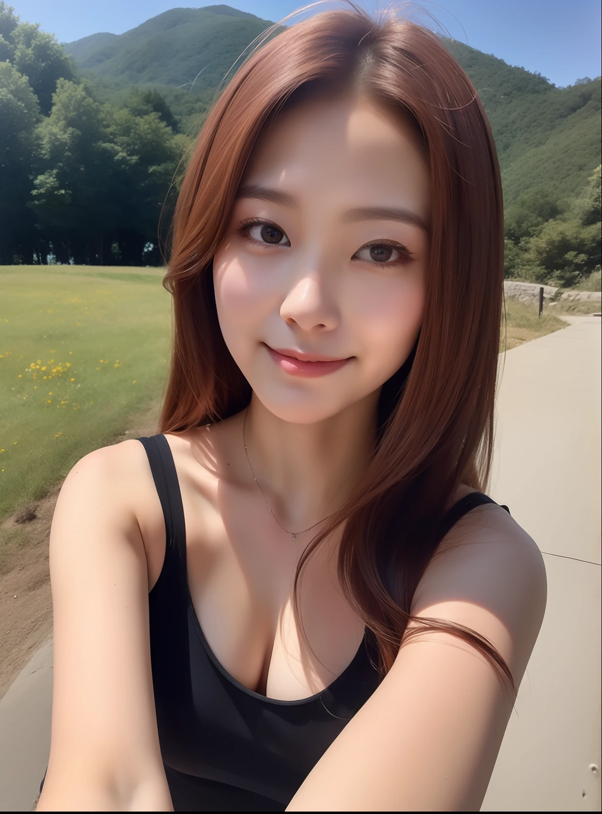 realistic photos of (1 cute Korean star) red straight hair, thin makeup, 32 inch breasts size, slightly smile, wearing dark blue camisole, on the mountain, selfie, front view, UHD