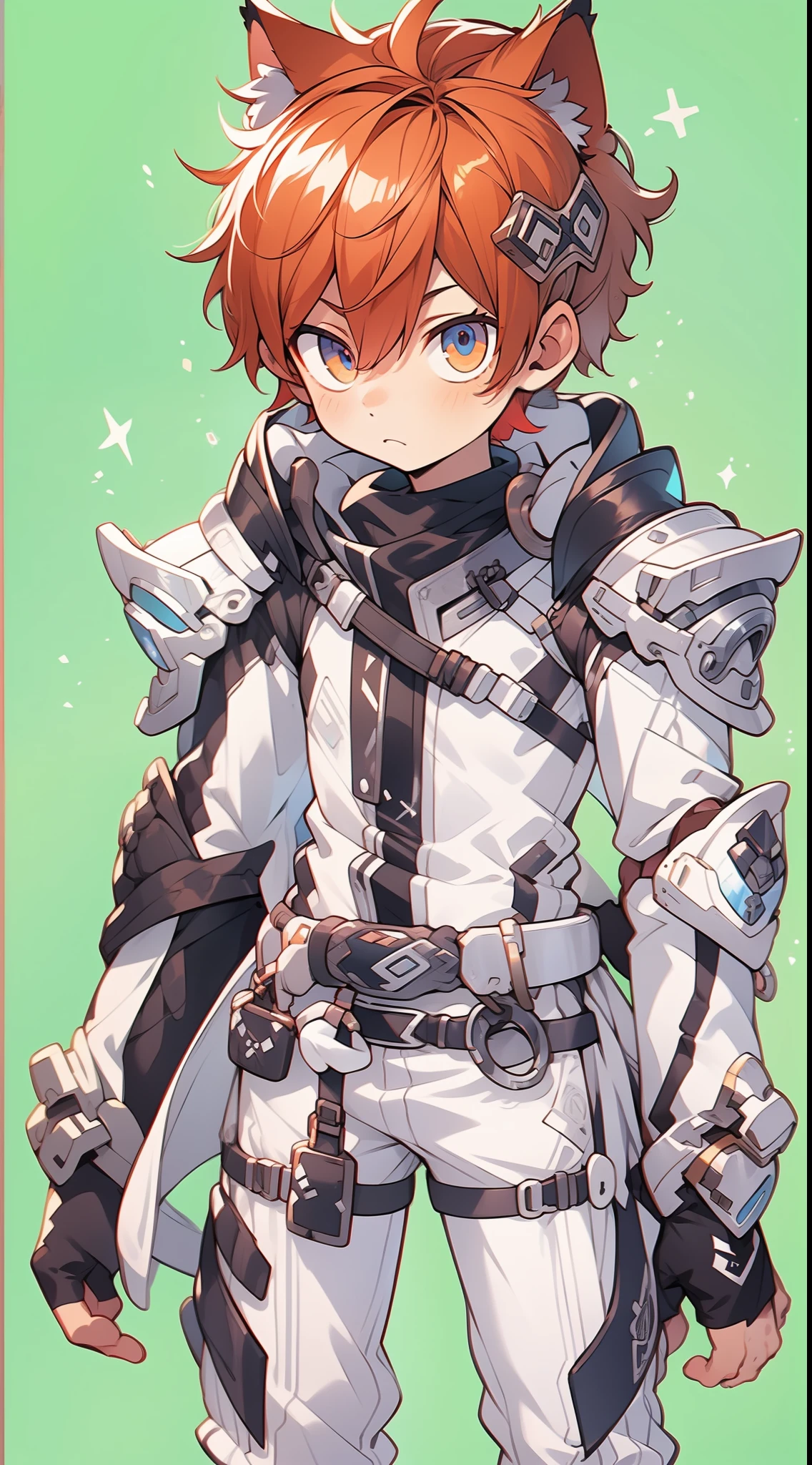Game CG,8K quality,((A )),juvenile sense,Handsome,Anime male protagonist,Redhead,Young,Cat ears,Headband,Shoulder blades,Full body armor set,White armored gloves,White trousers,Racing boots,Fight,The brave,Light and shadow effects,Full body like,zori,elsword