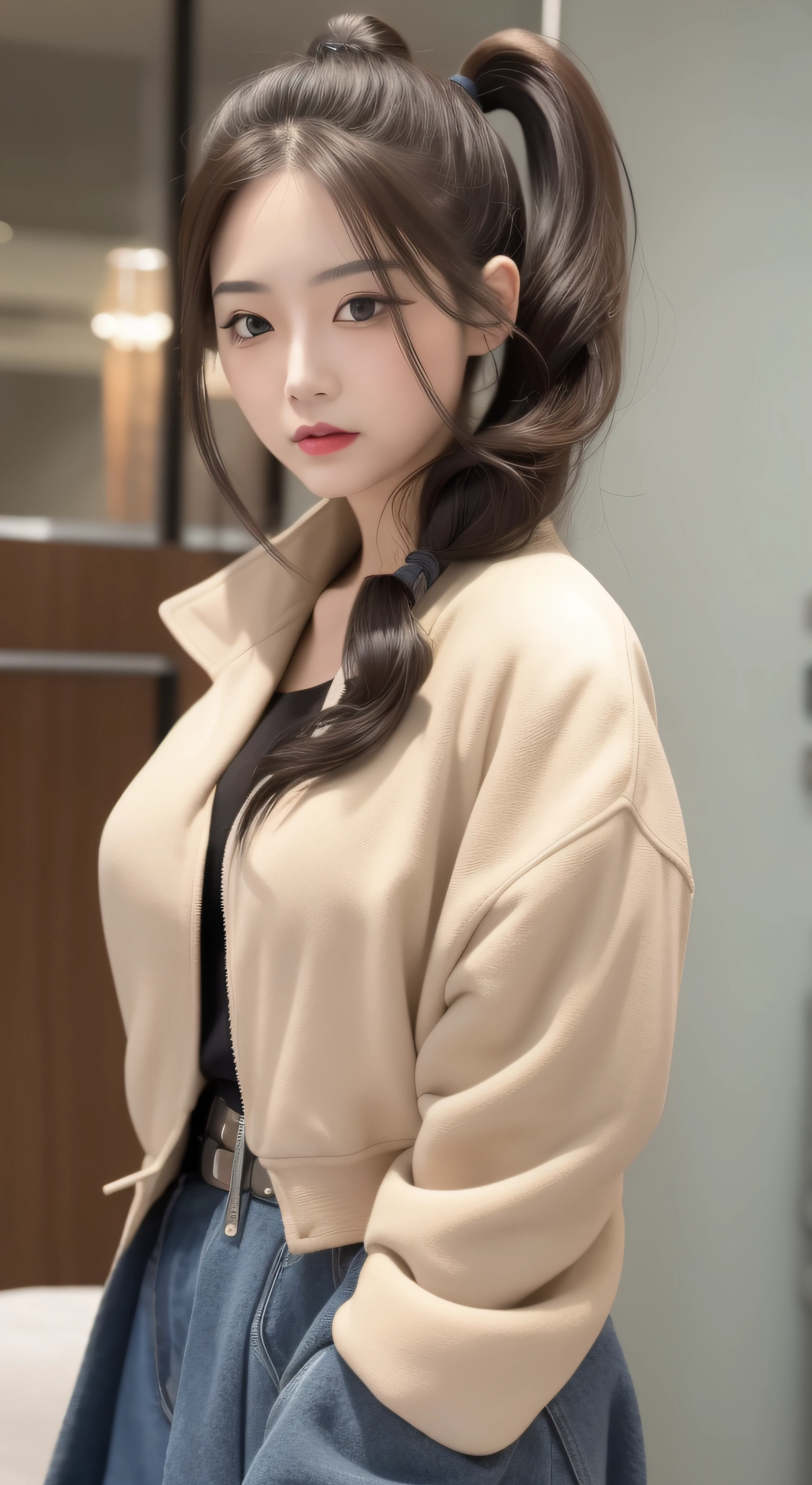 pony tails, Enchanting figure,The eyes squint at the lower left corner 40 degrees,smallunderboob, Chunky trench coat,high-necked,sofe,Mature woman, A haughty expression,Flaming red lips,二重まぶた,tall nose bridge,Enchanting figure, hyper HD, Super detail, High details, High quality, Best quality,