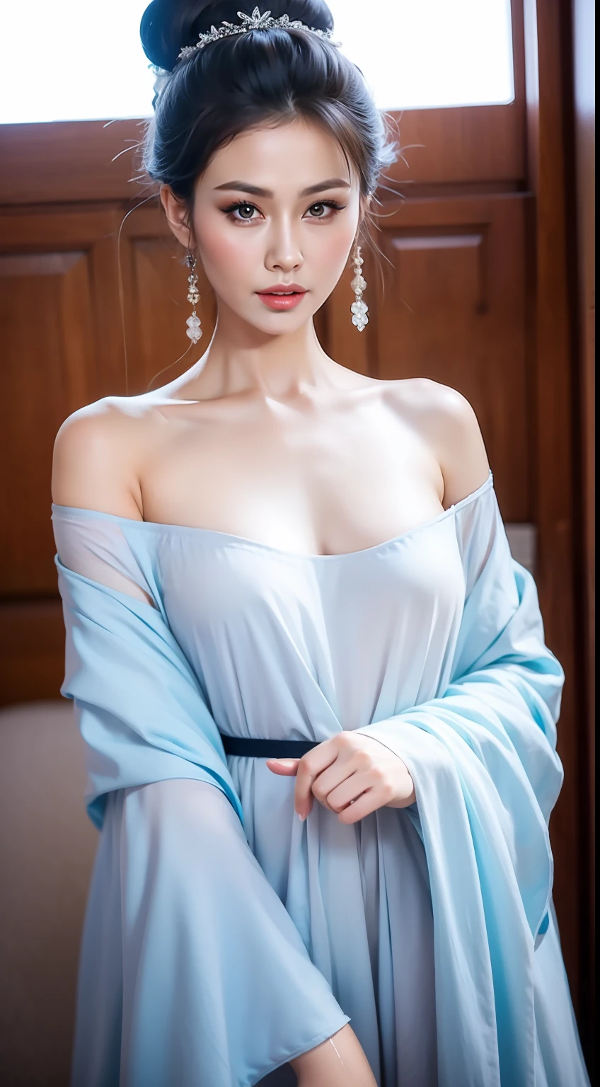 Fashion model 20 years old [[[[closeup cleavage]]]], [[[[boobgasm]]]], [[[[coll]]]], [[[[bshoulders]]]], perfect  eyes, Perfect iris，Perfect lips，perfect teeth，Perfect skin，Long face，slender nose，tall nose bridge，Soft front light，hdr，Movie girl，Simple hairstyle，light make-up，Casual，（pastel colour：1.2）